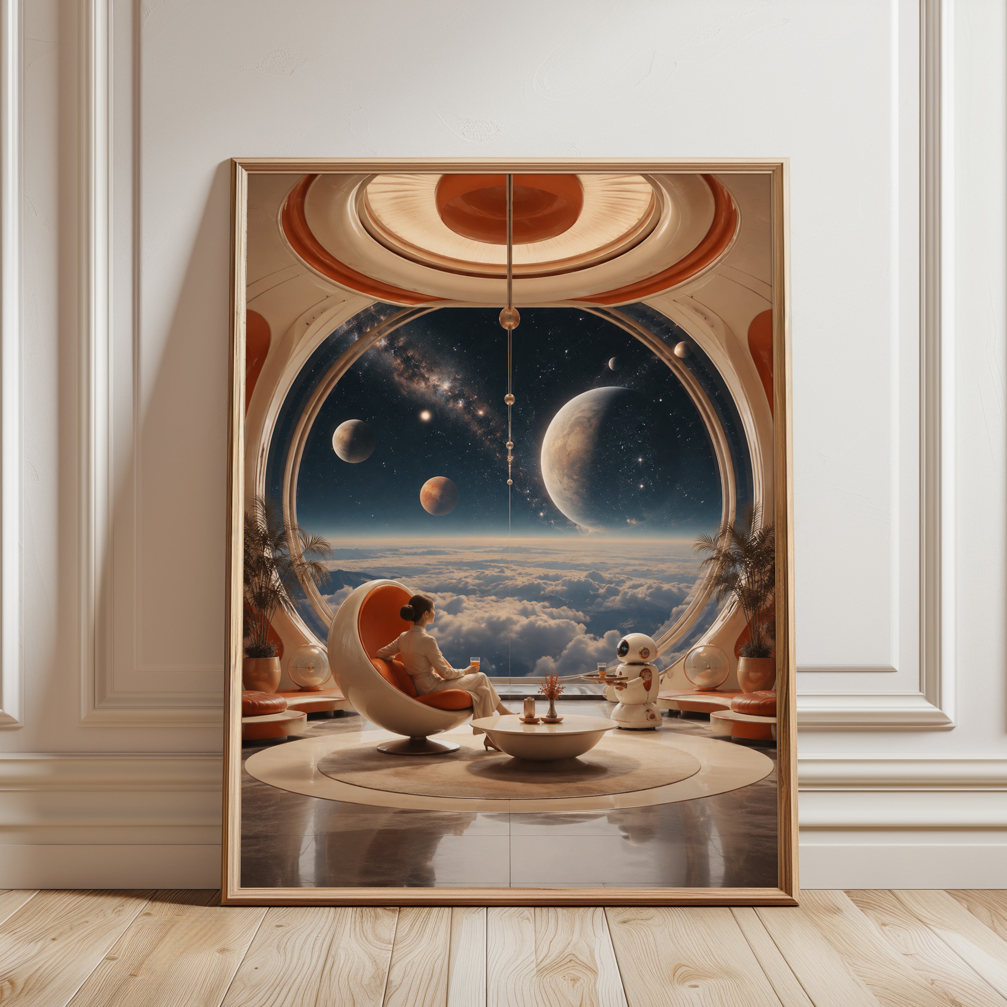 Cosmic Observatory Wall Art: Retro Futurism Space Interior - framed detail
