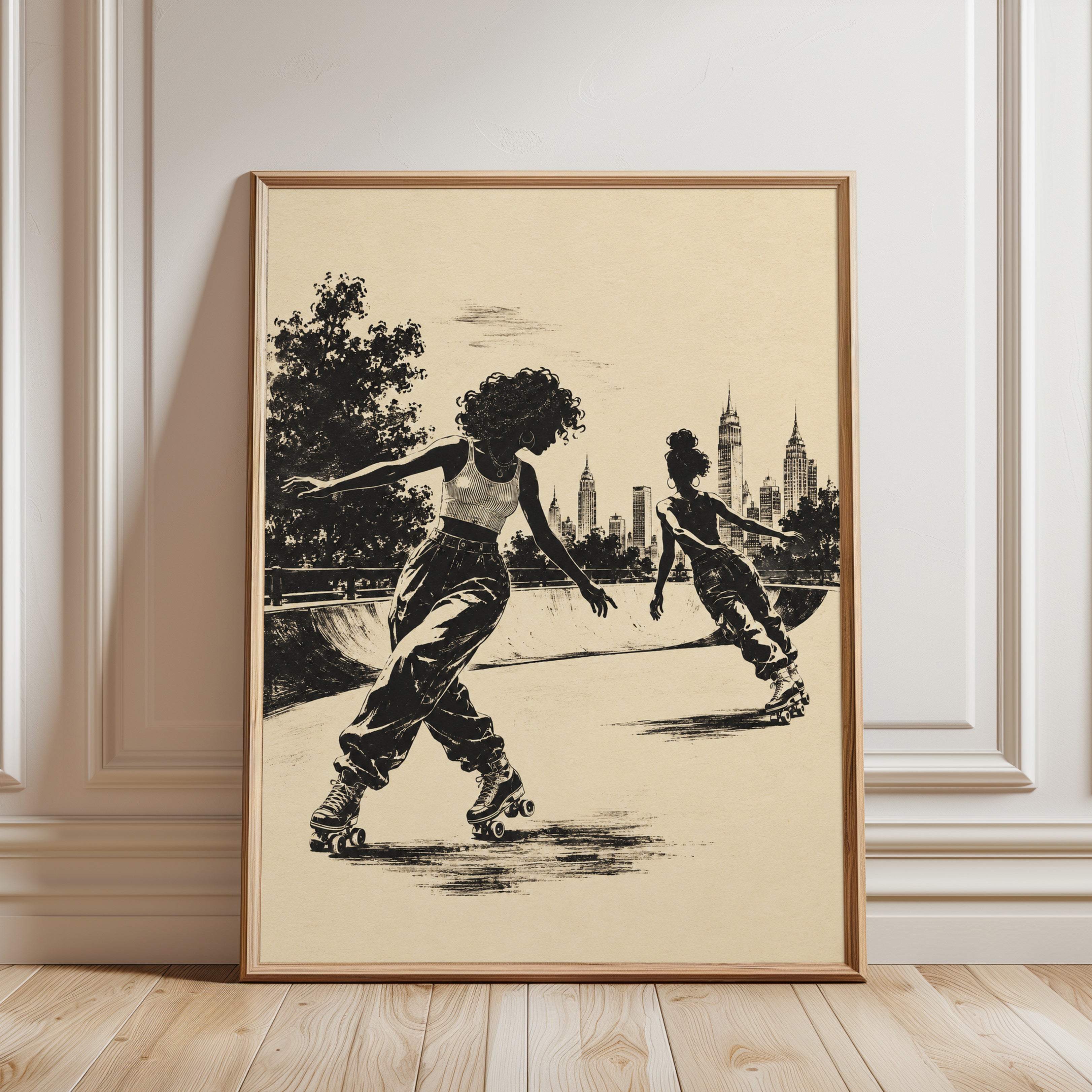 Roller Skating in Central Park Art Print: Vintage Urban Silhouette - framed detail