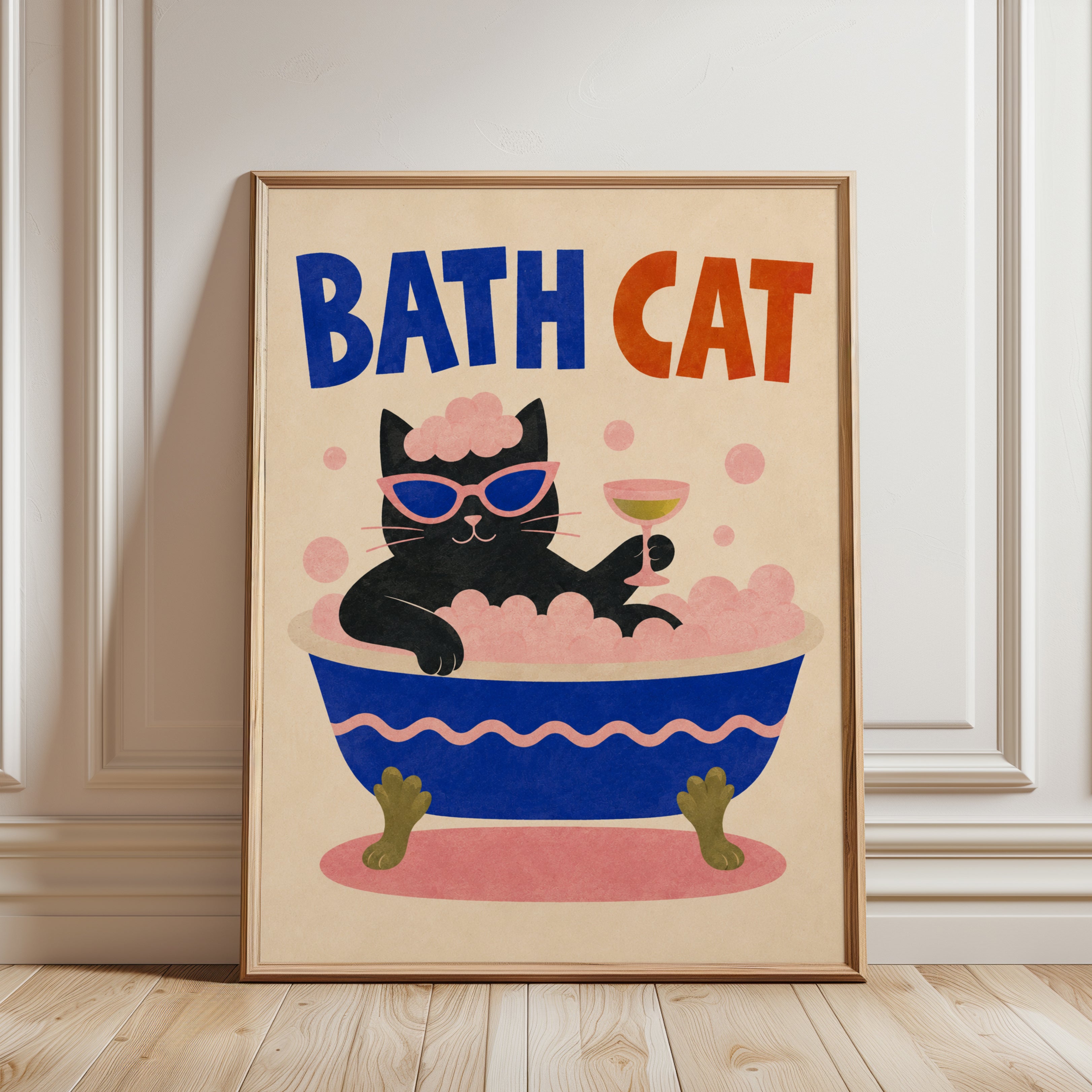 Funny Bath Cat Print - framed detail