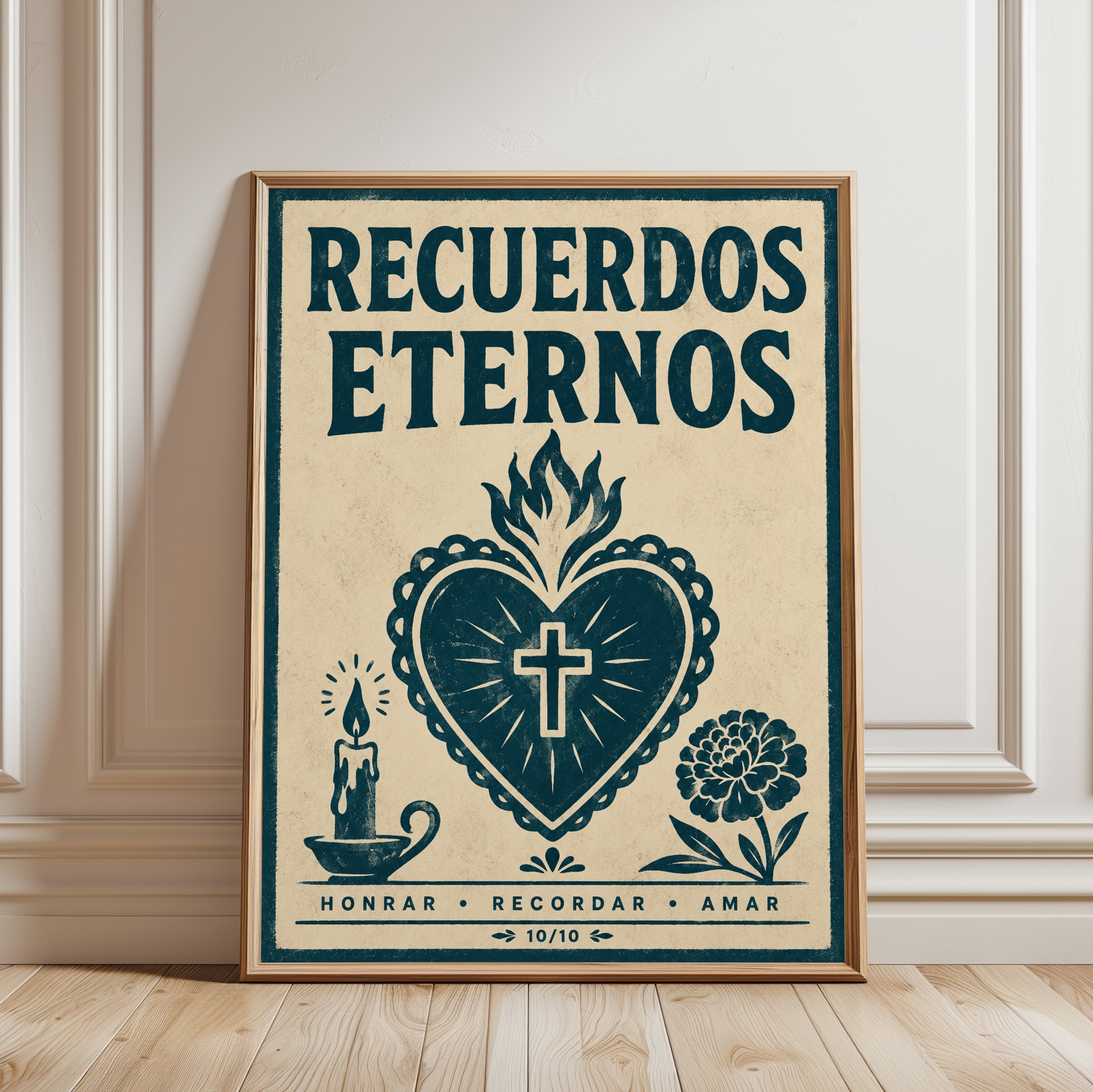 Recuerdos Eternos Sacred Heart Print: Mexican Folk Art Poster - framed detail