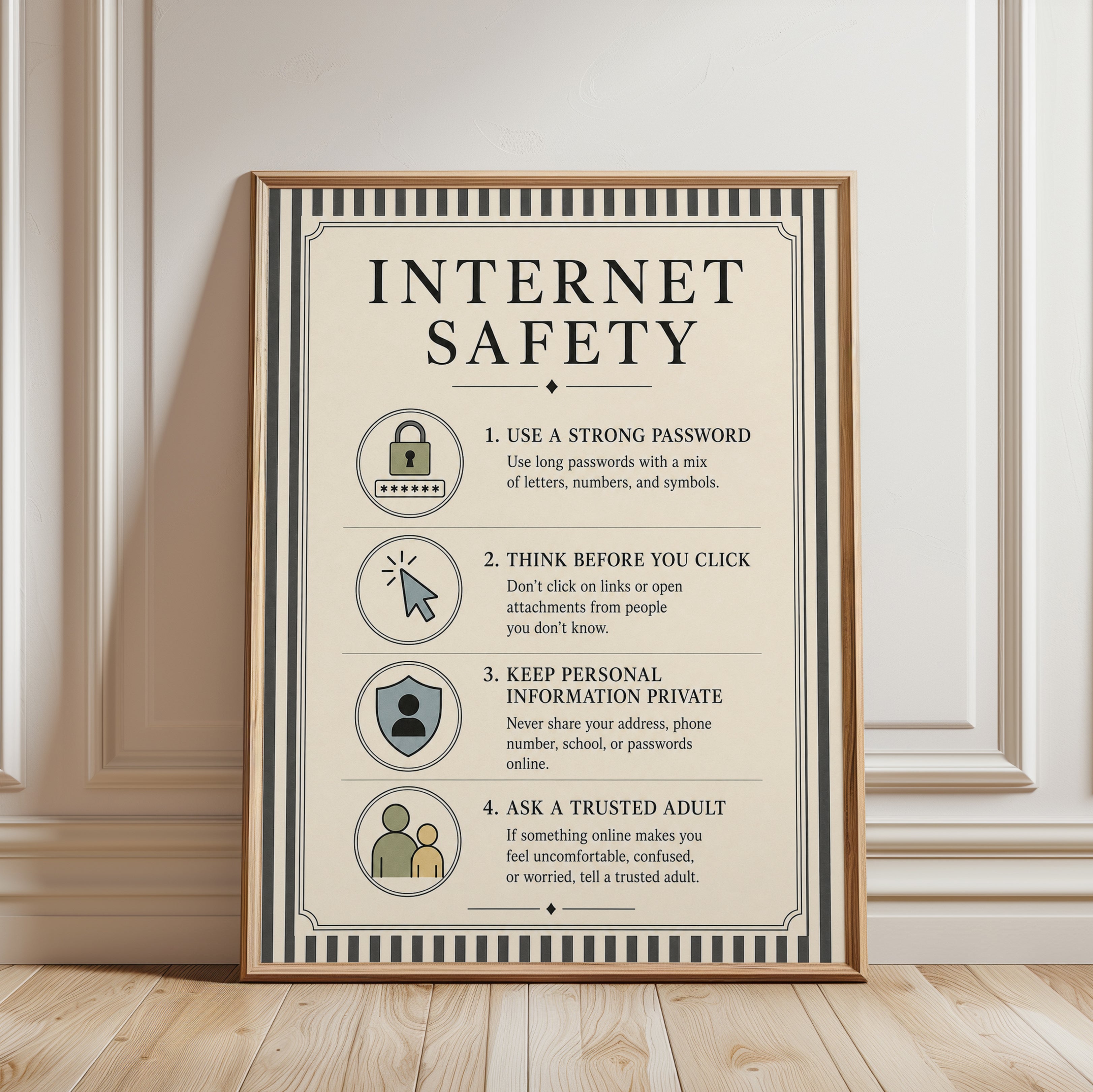 Internet Safety Infographic Poster: Vintage Educational Wall Art - framed detail