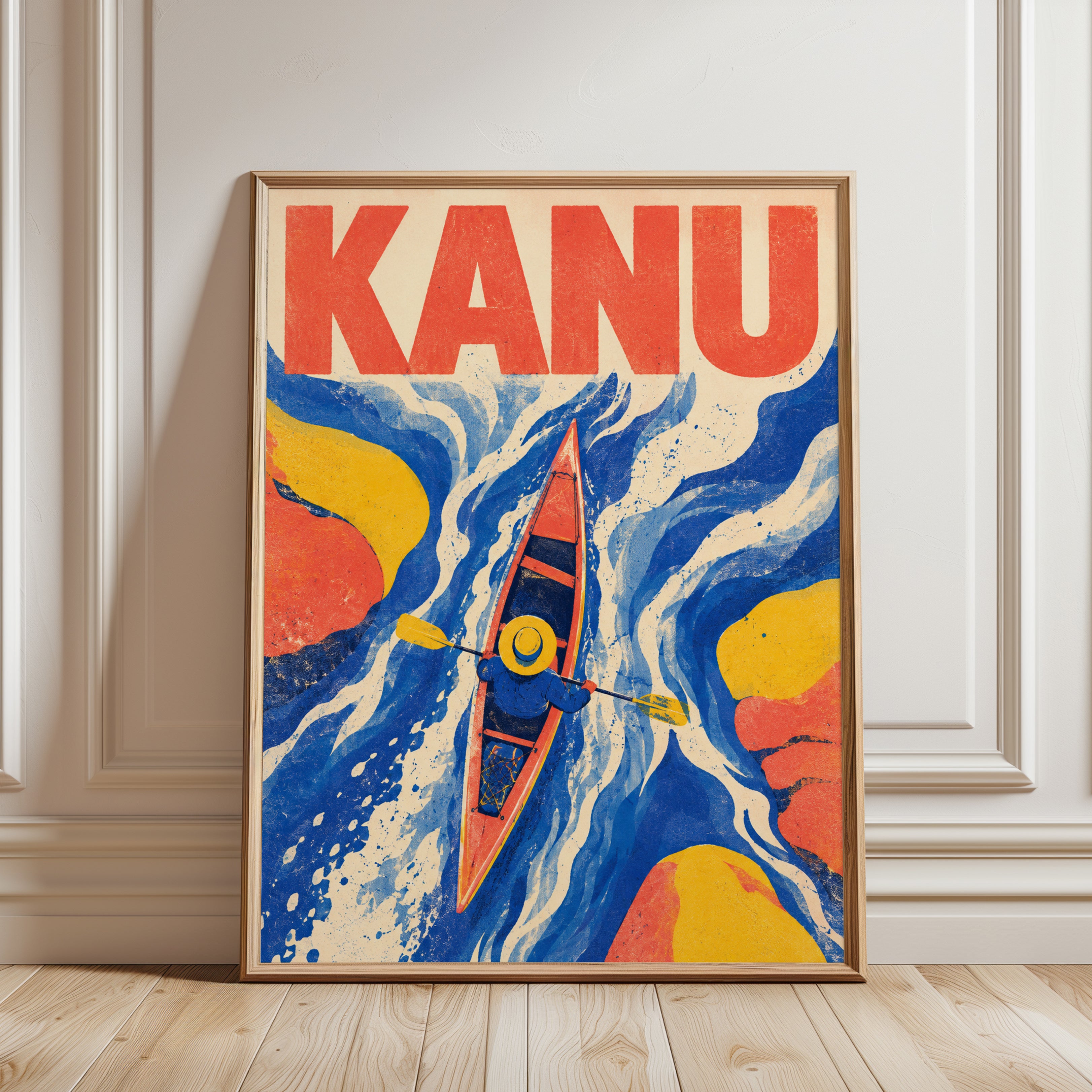 Kayak Wall Art – Retro Water Sports Print - framed detail