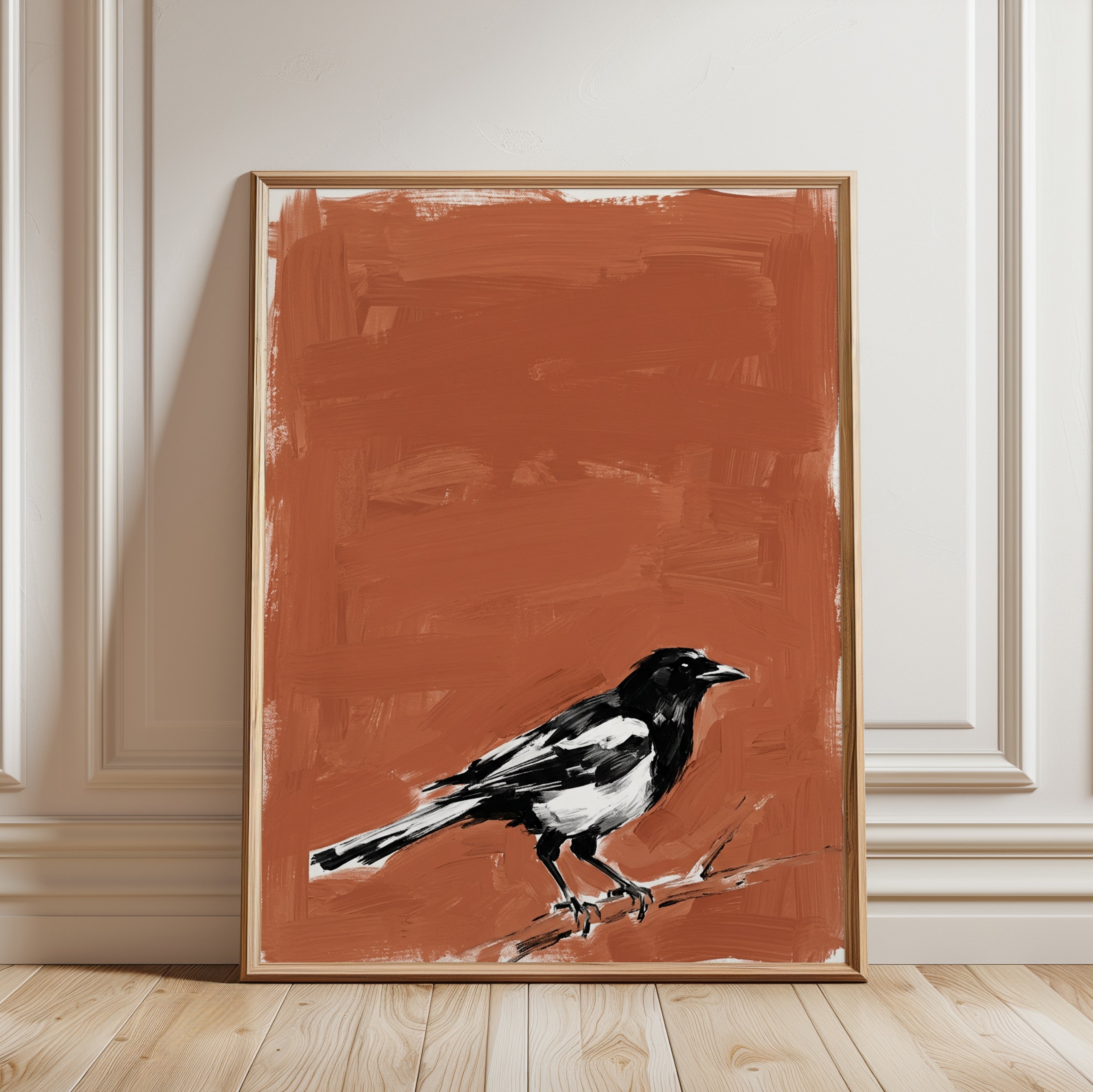 Magpie Bird Art Print: Black and White on Terracotta Background - framed detail