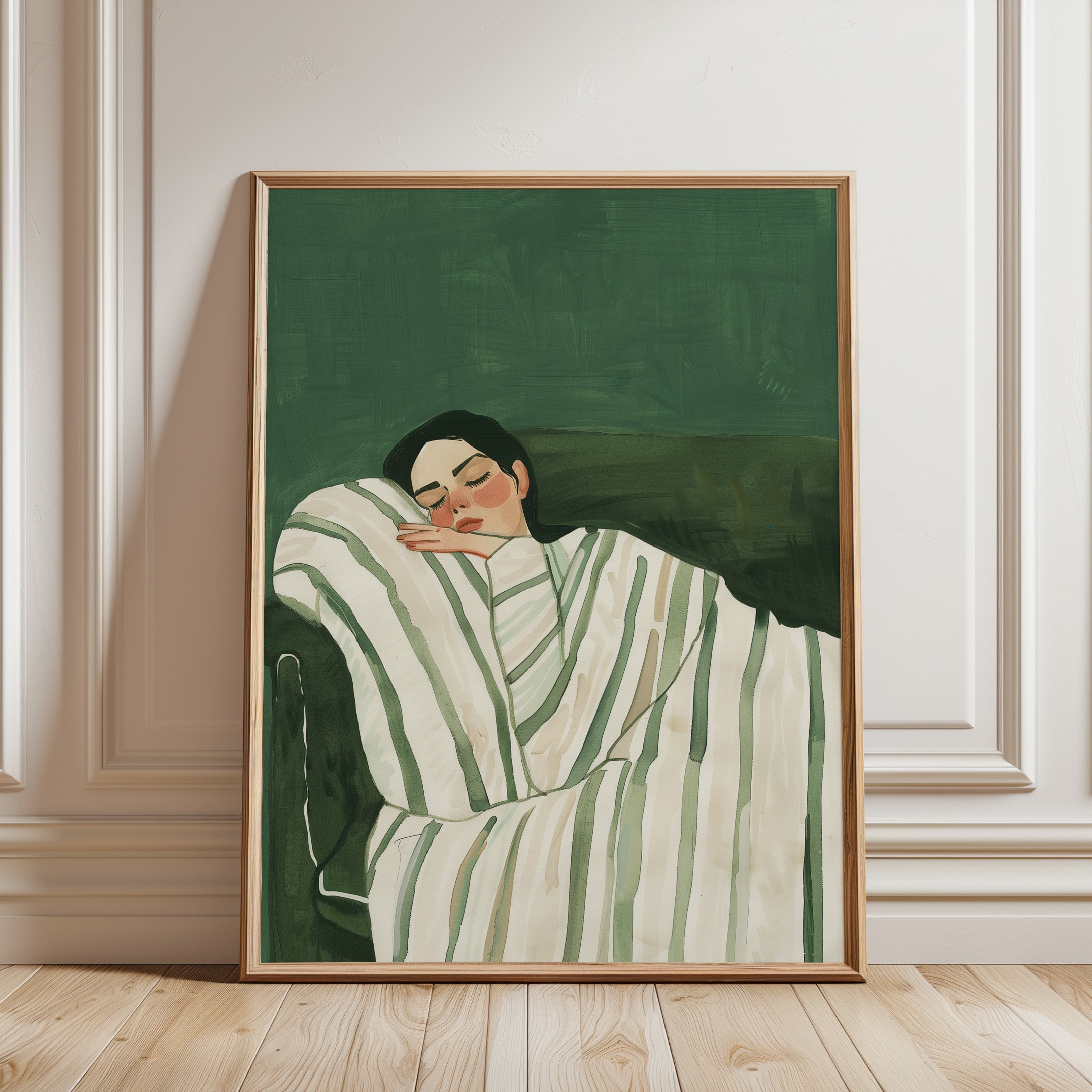 Sleeping Woman in Green Striped Bedding: Contemporary Portrait Art - framed detail