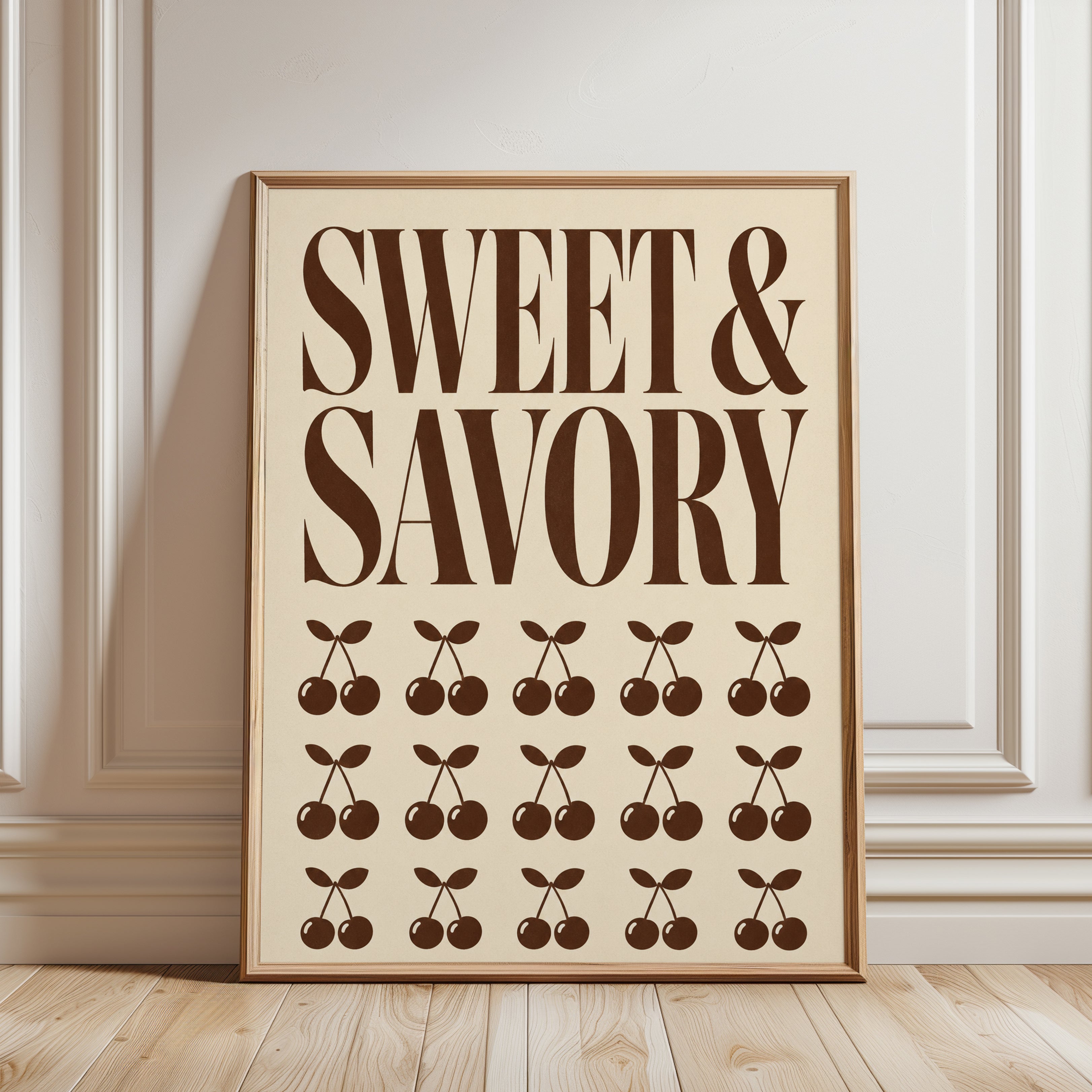 Cherry Typography Print: Retro Kitchen Wall Art (Brown & Cream) - framed detail