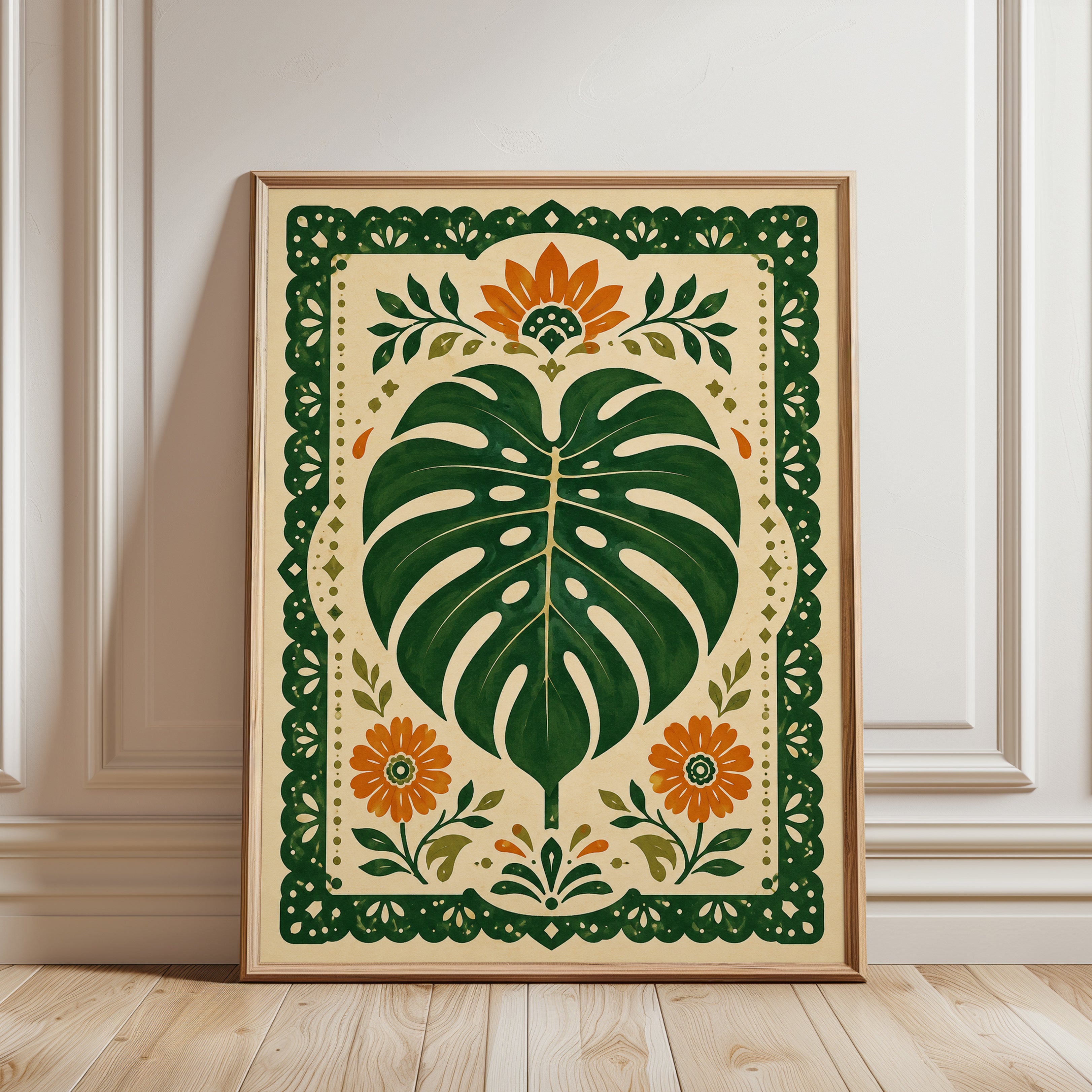 Folk Art Botanical Print – Monstera Wall Art - framed detail