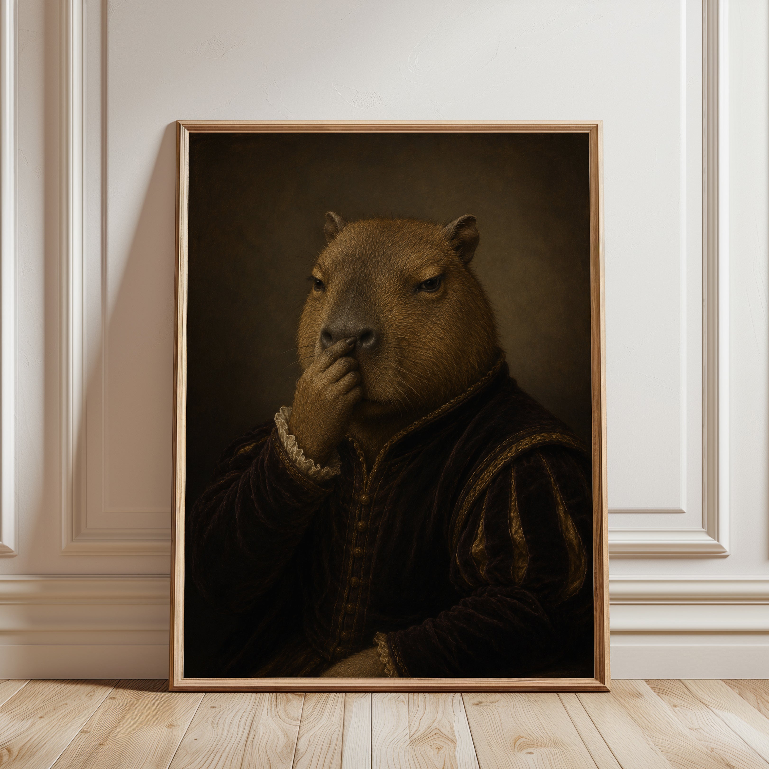 Funny Bathroom Poster Capybara Renaissance Portrait Print: Dutch - framed detail