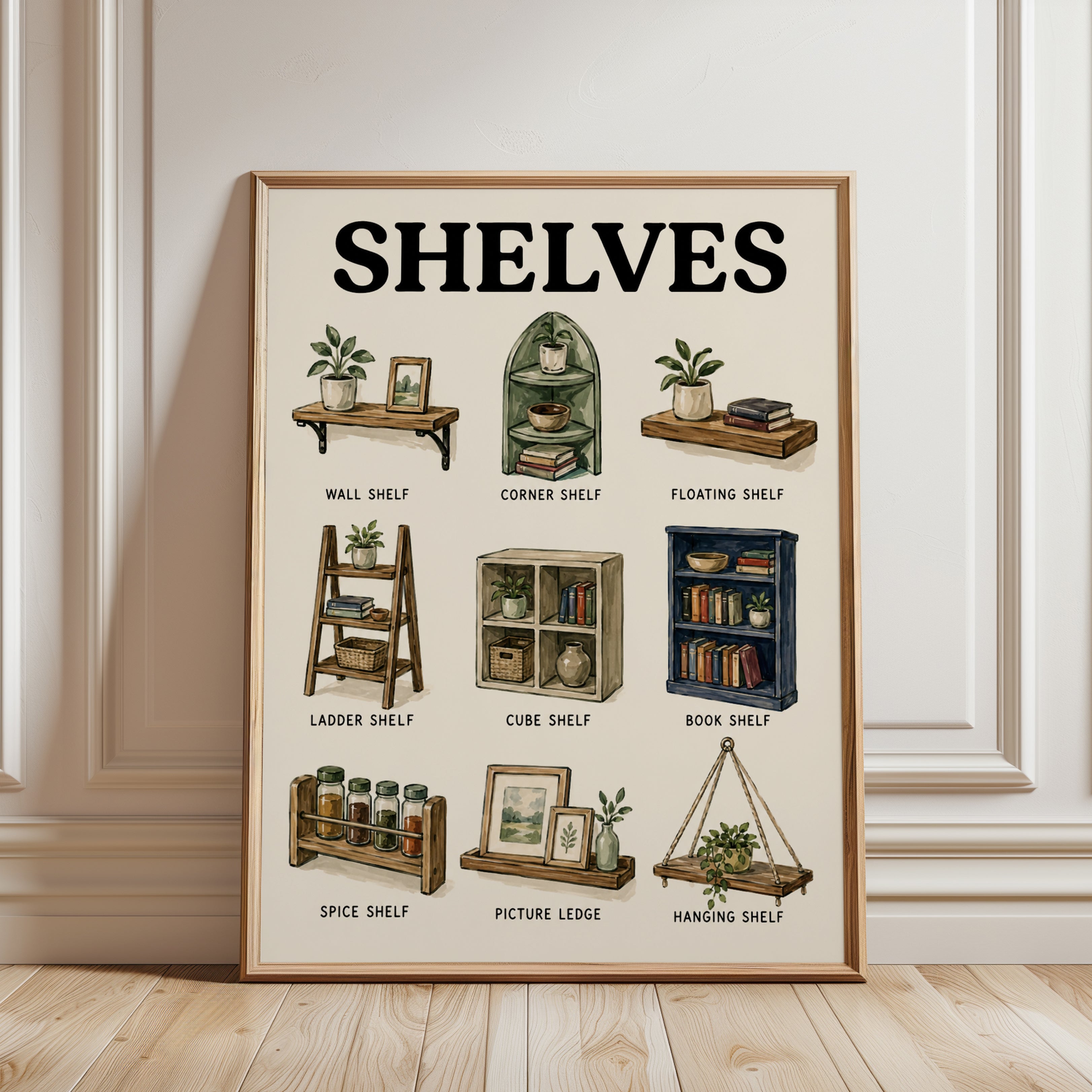 Shelves Guide Poster: Vintage Illustrated Home Decor Chart - framed detail