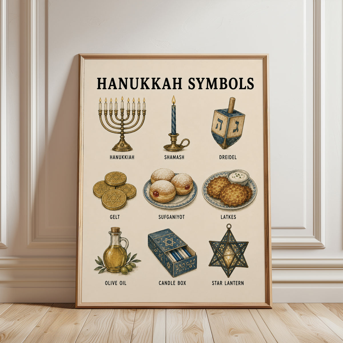 Hanukkah Symbols Illustration - framed detail