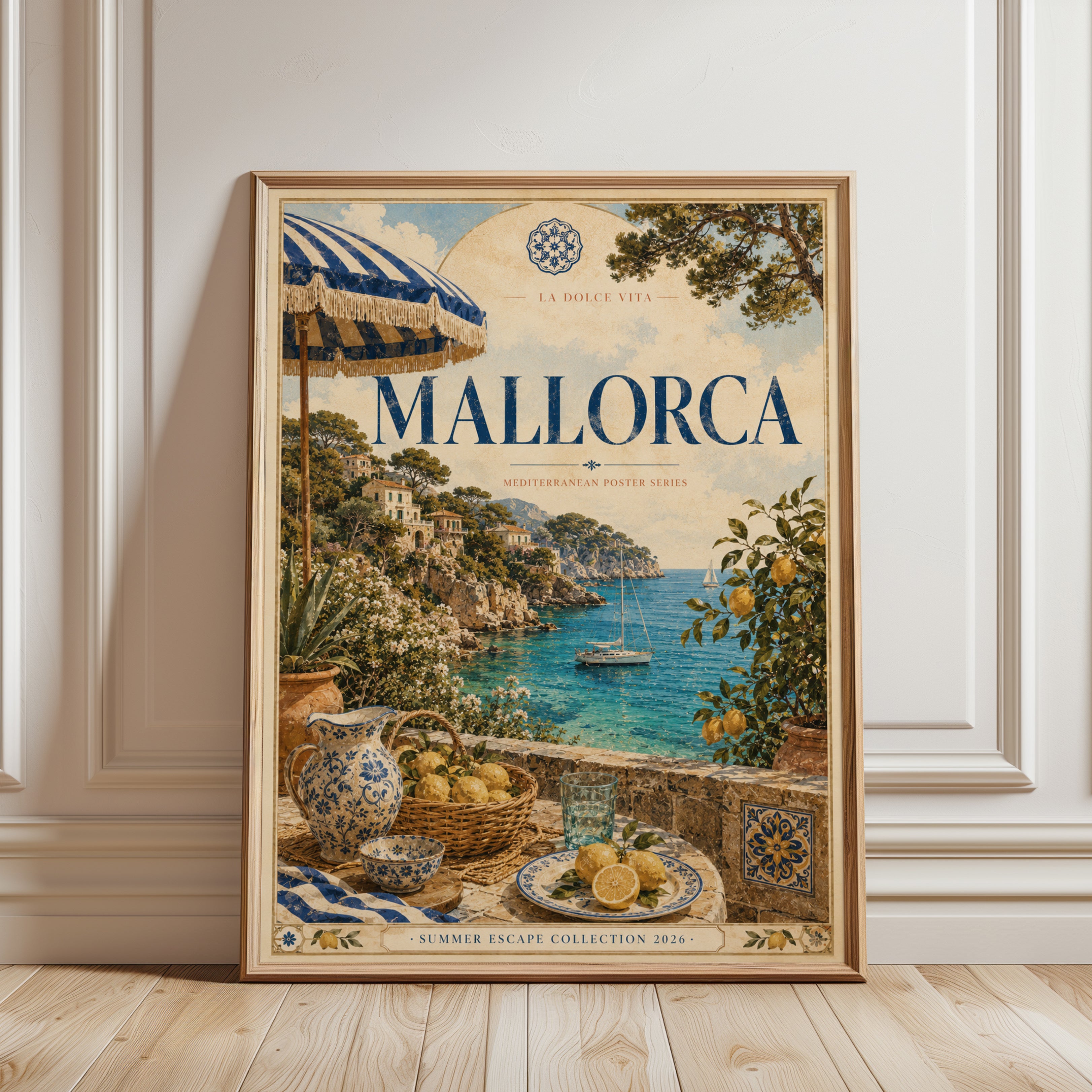 Mallorca Vintage Travel Poster — Mediterranean Coastal Print - framed detail