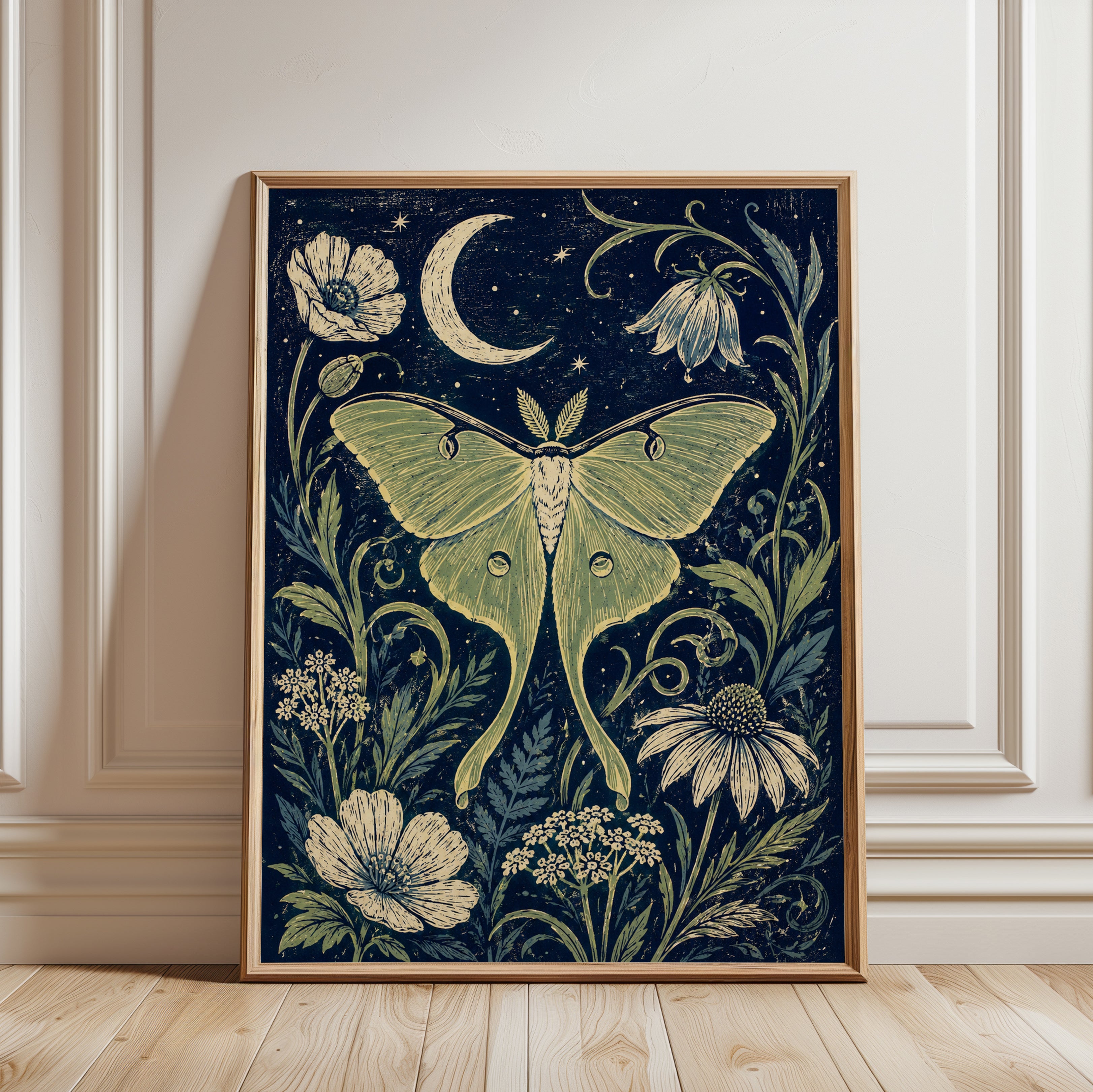 Luna Moth Botanical Print — Art Nouveau Night Garden - framed detail