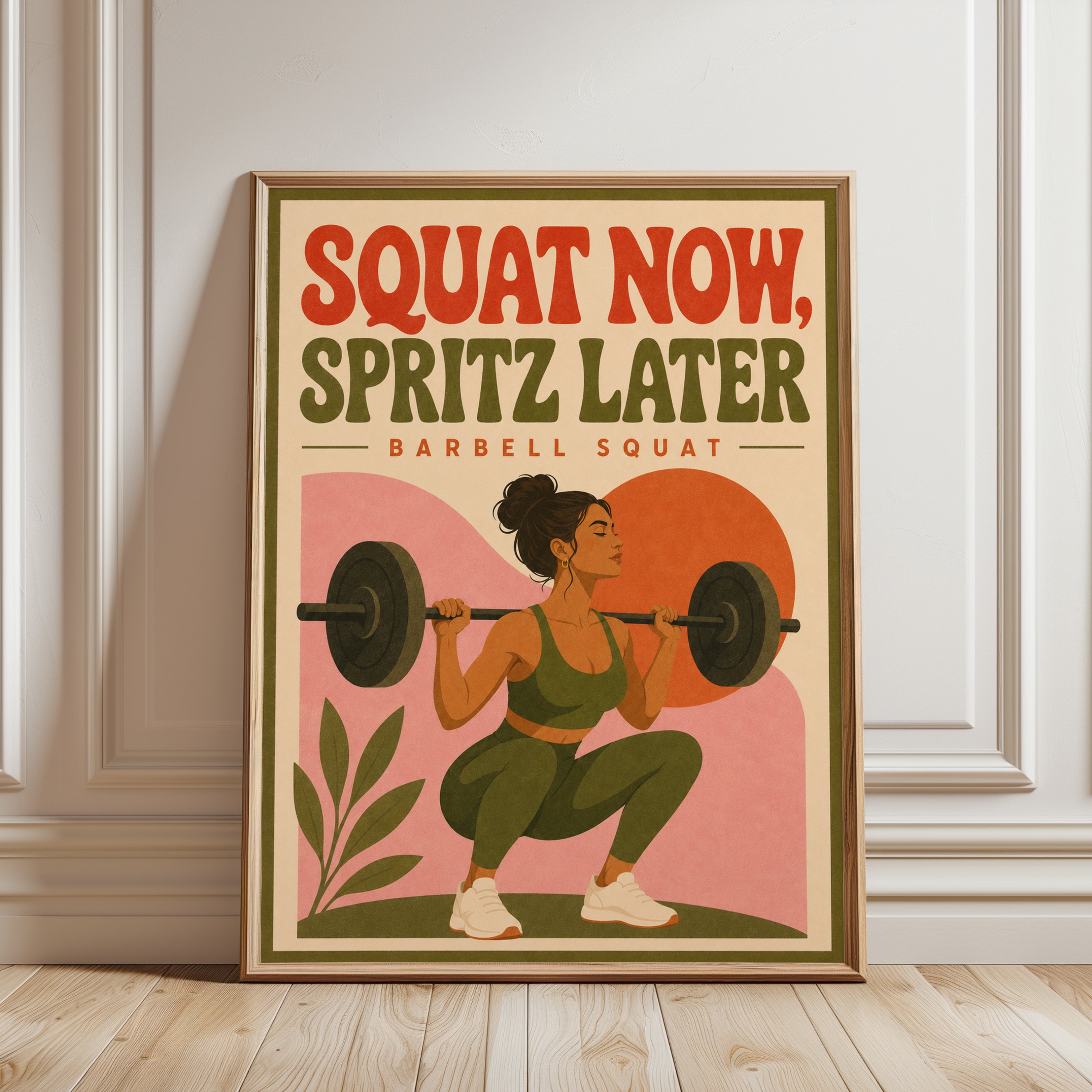 Squat Now Spritz Later: Retro Fitness Motivation Poster - framed detail