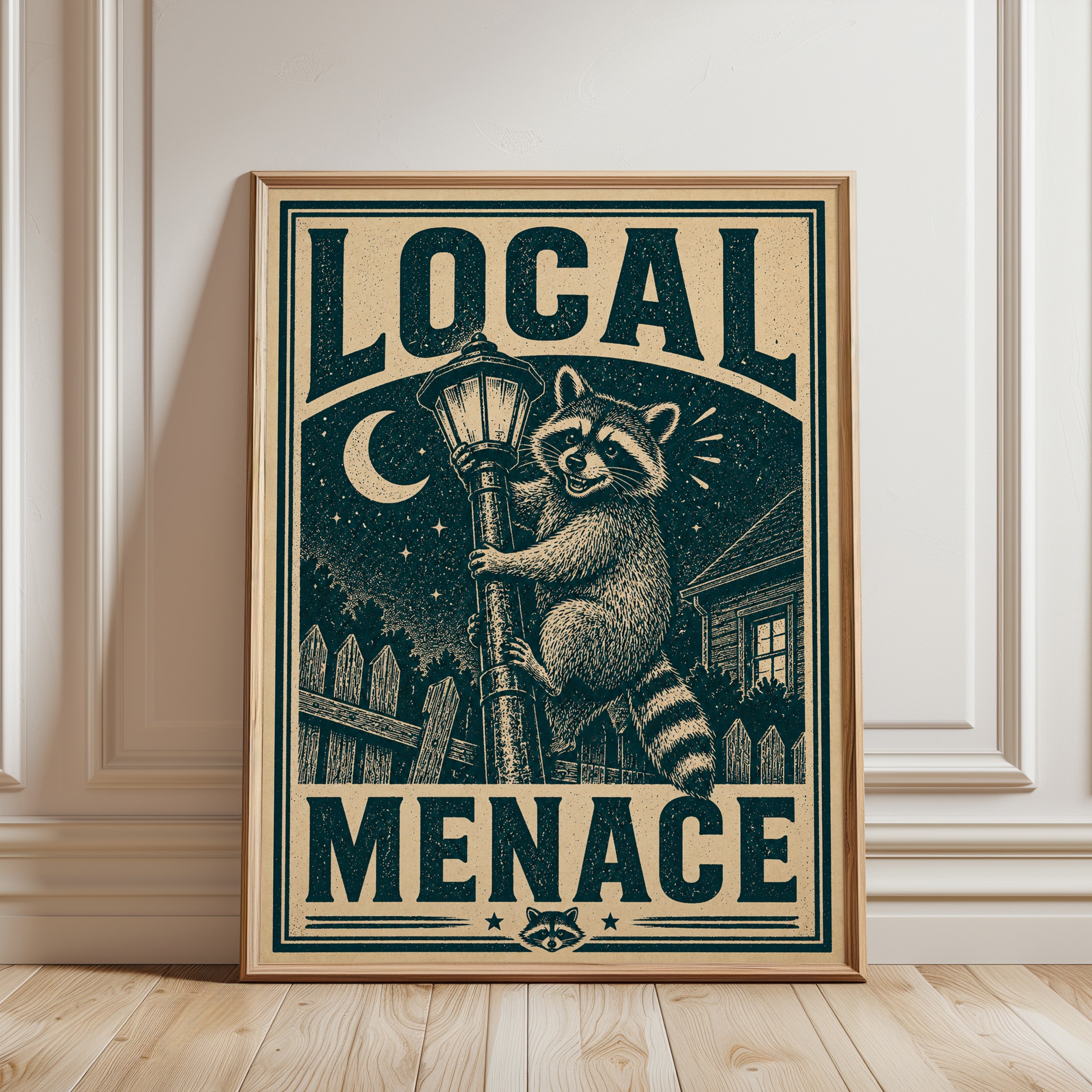 Local Menace Raccoon Poster: Vintage Linocut Style Wall Art - framed detail