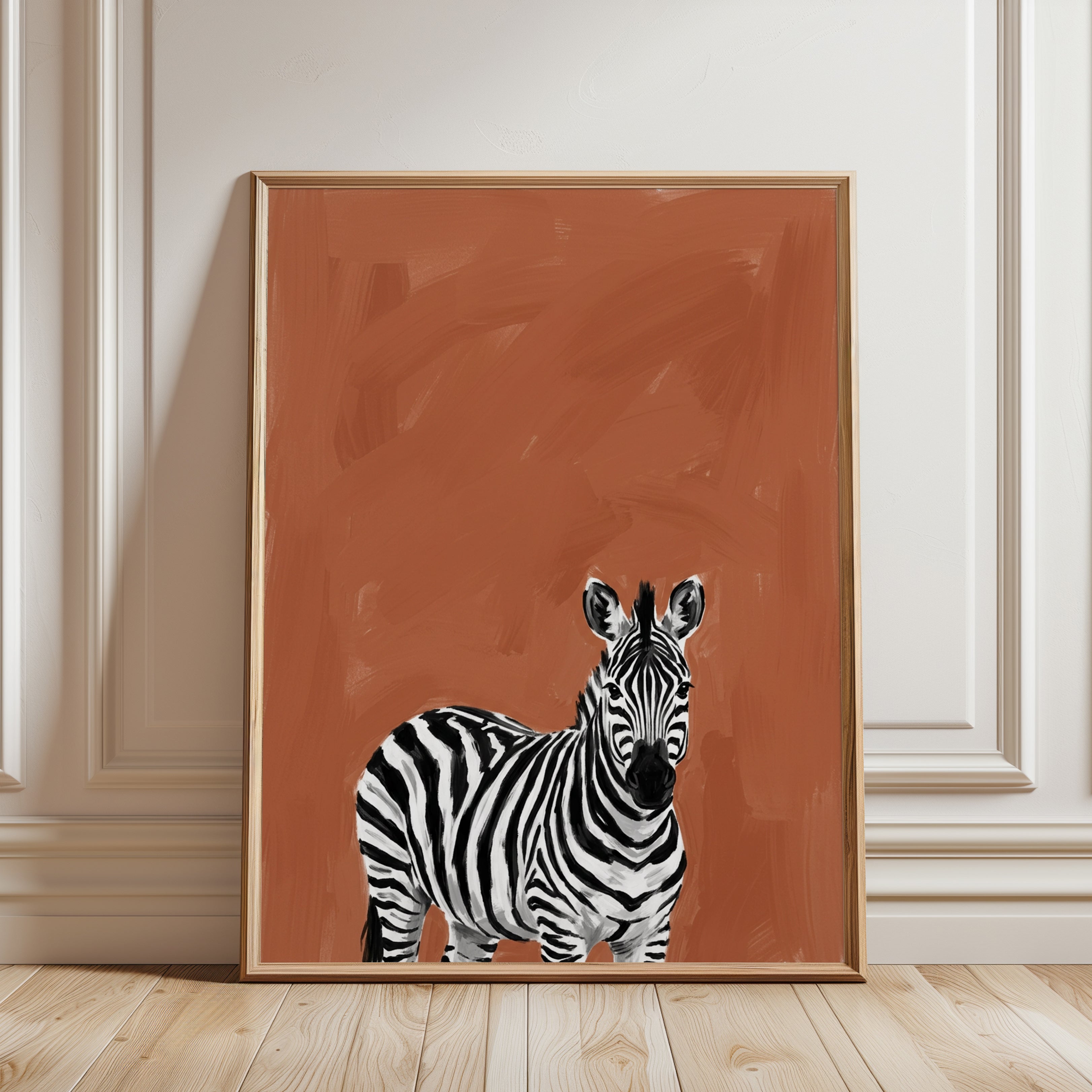 Zebra Portrait Print – Terracotta Background - framed detail