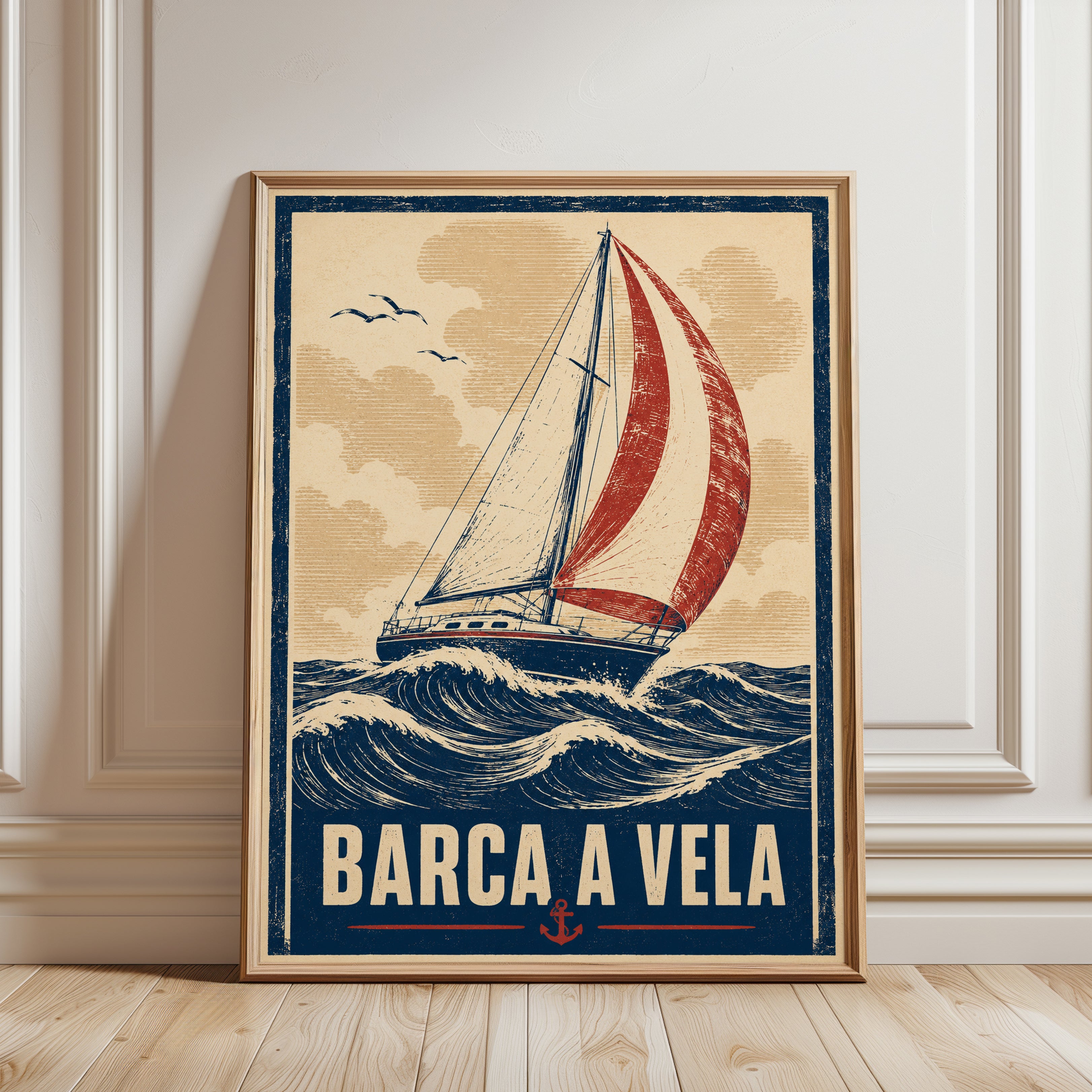 Vintage Sailboat Poster: Retro Nautical Art Print - framed detail