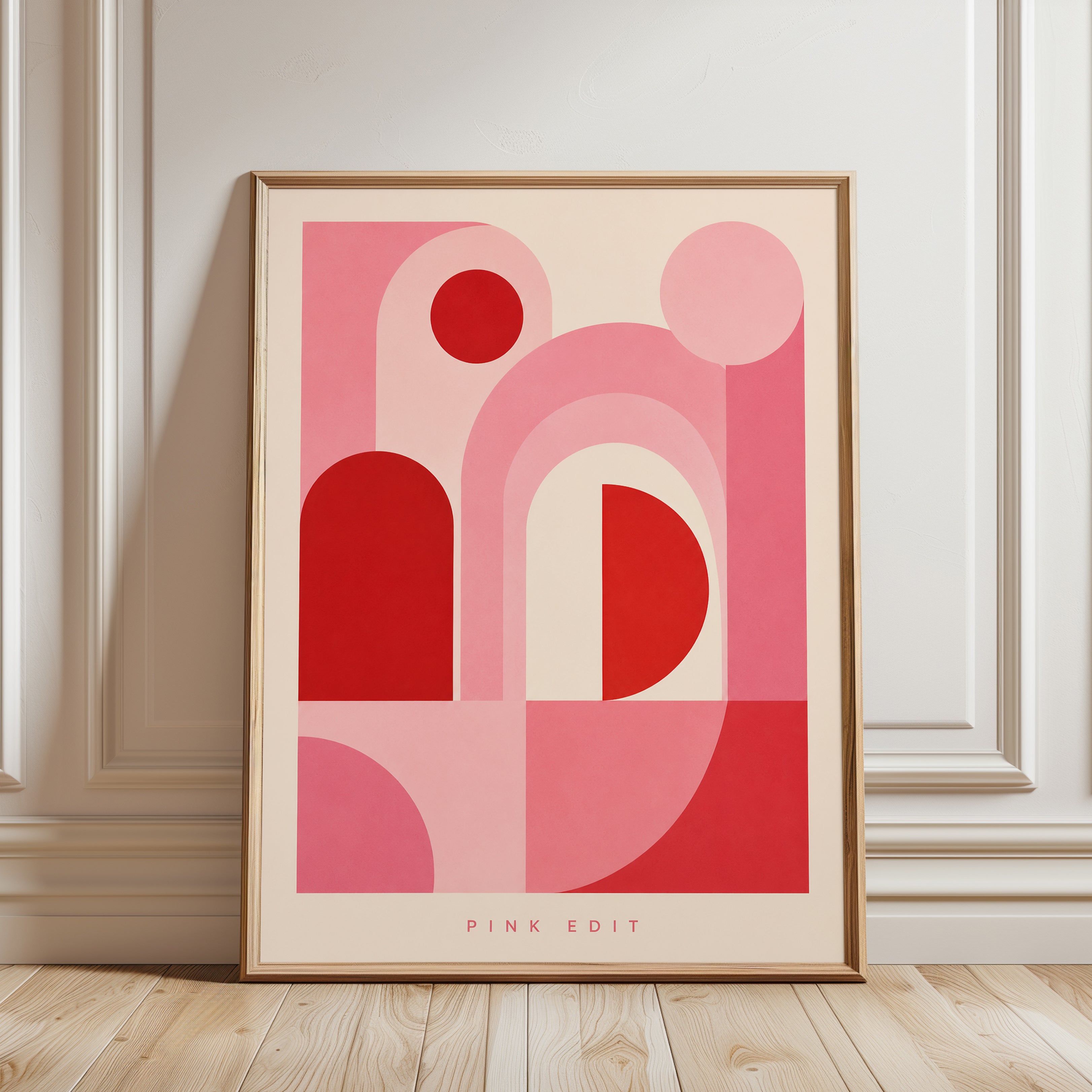 Geometric Abstract Print – Pink and Red Wall Art - framed detail