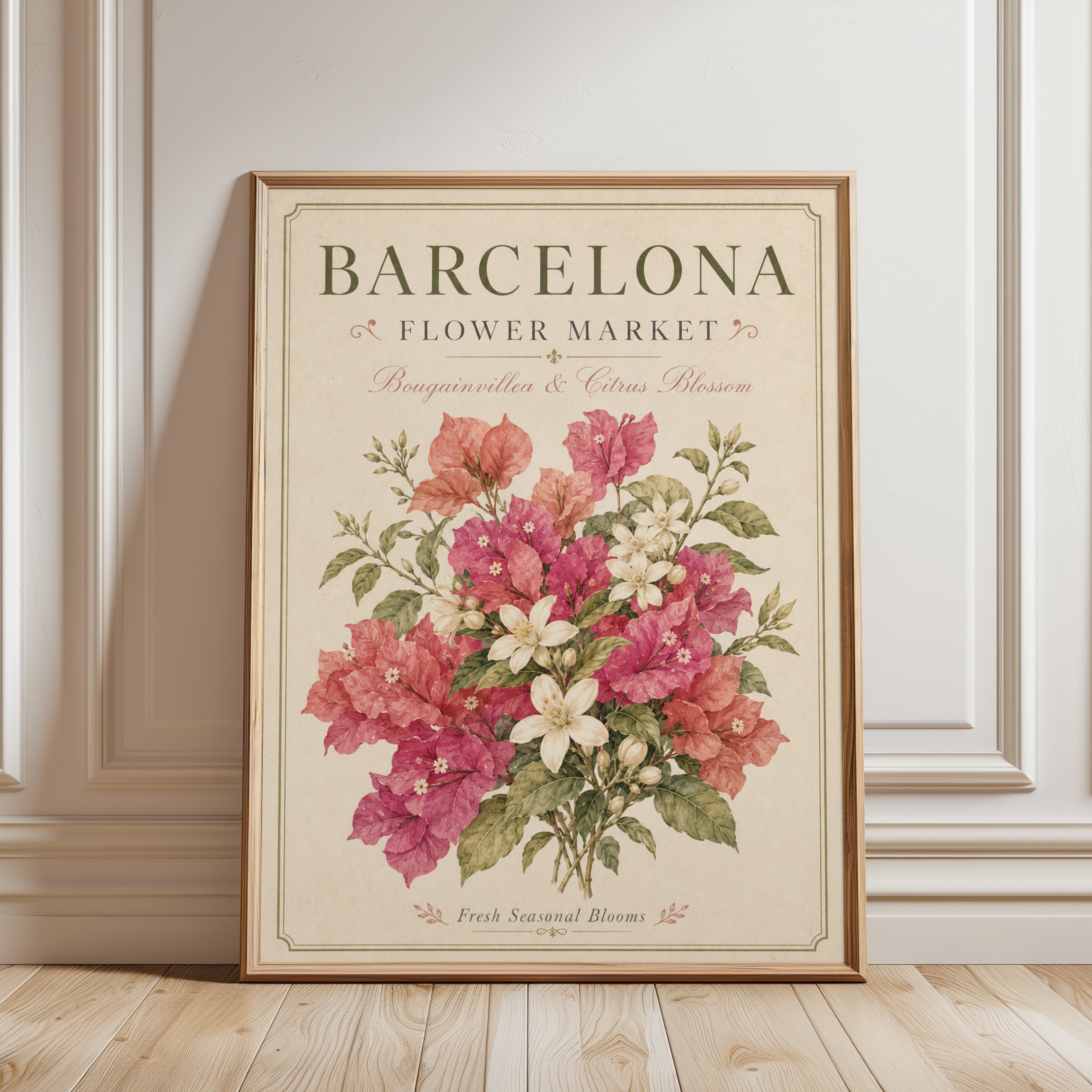 Barcelona Floral Print — Vintage Botanical Bougainvillea & Citrus - framed detail
