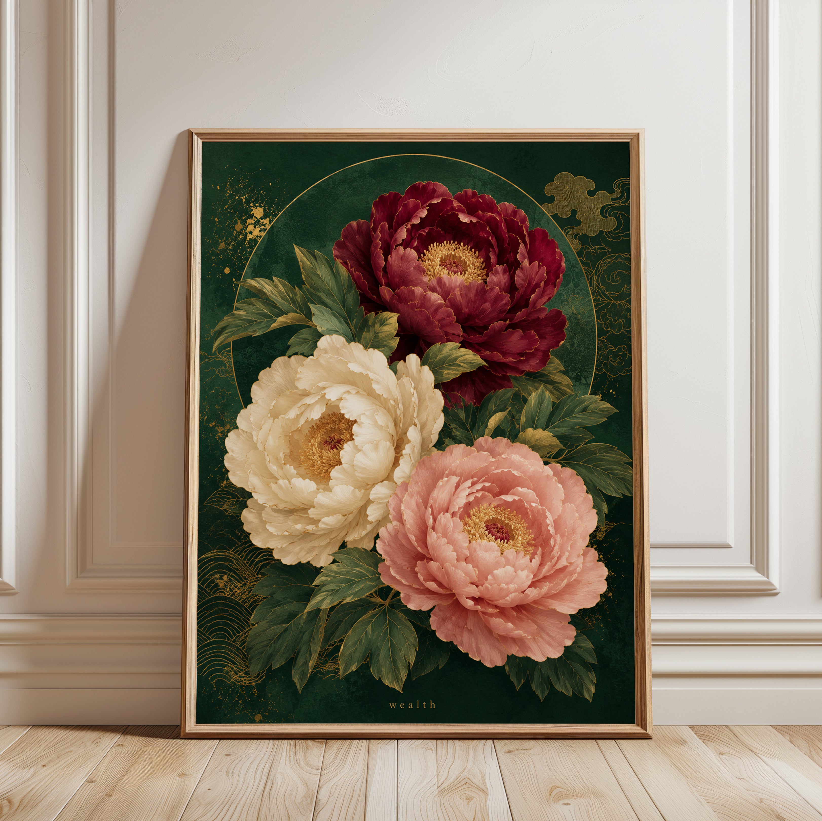 Peony Wall Art – Oriental Floral Print - framed detail