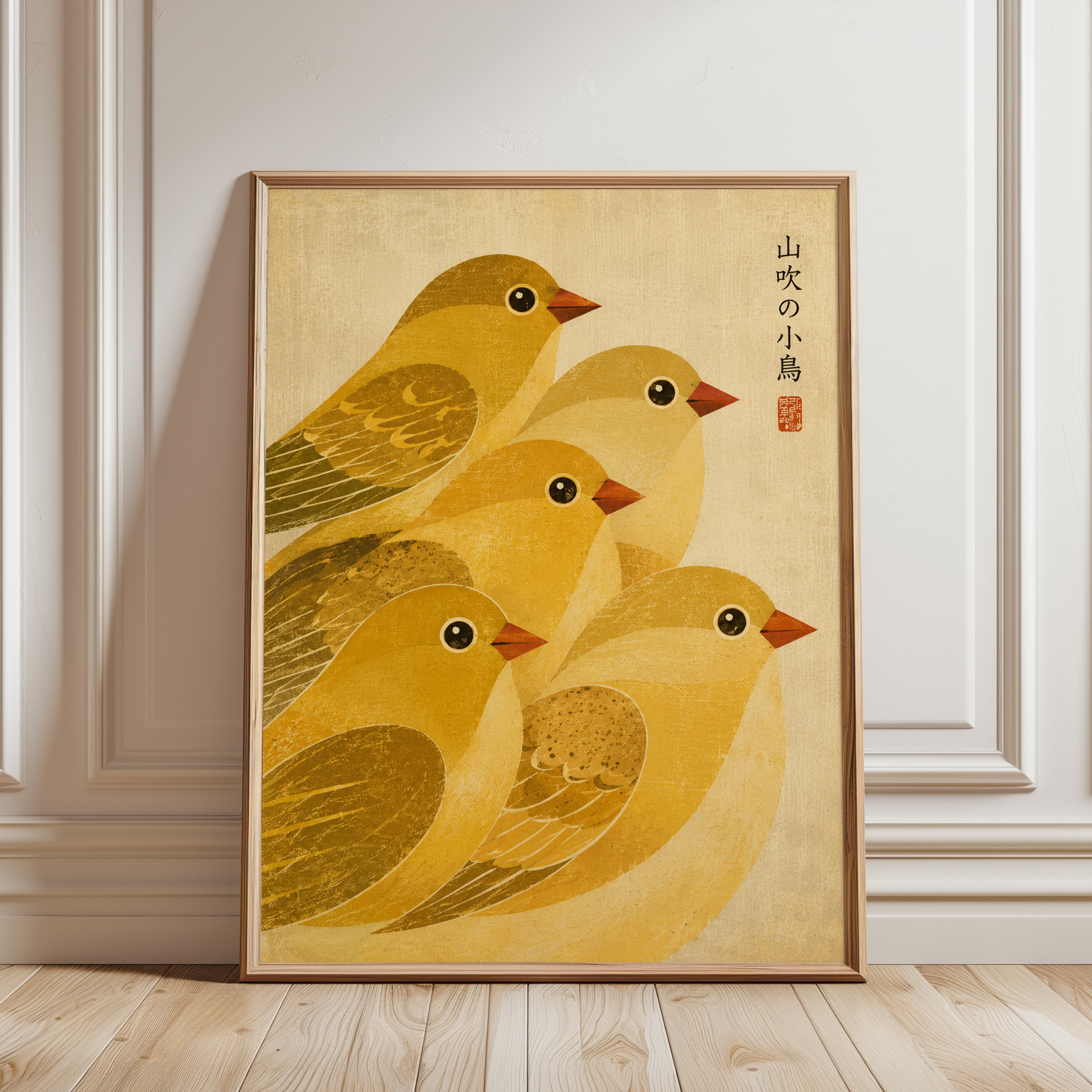 Japanese Bird Art Print — Vintage-Inspired Gold Yellow Birds - framed detail