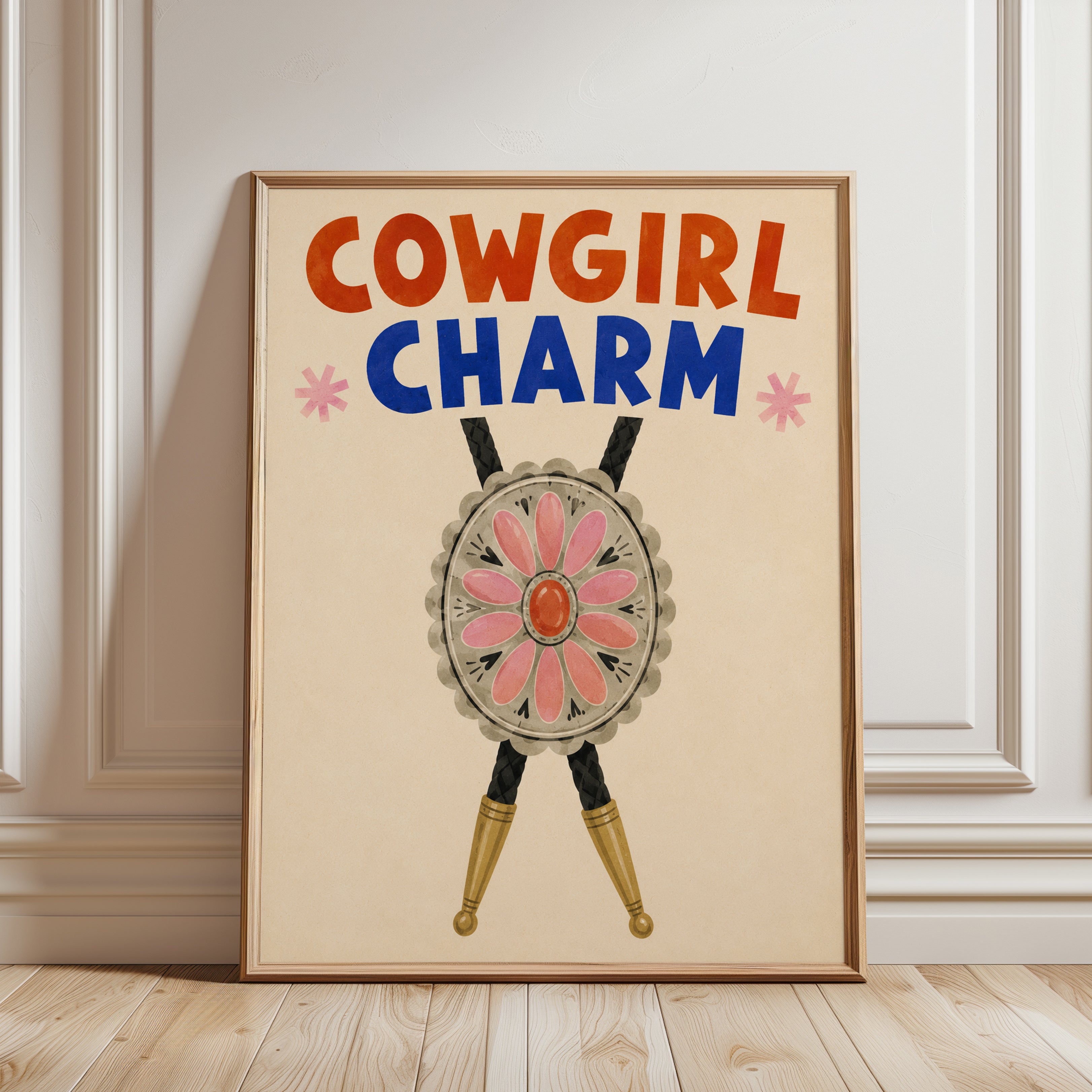 Cowgirl Charm Bolo Tie Print: Vintage Western Folk Art Poster - framed detail