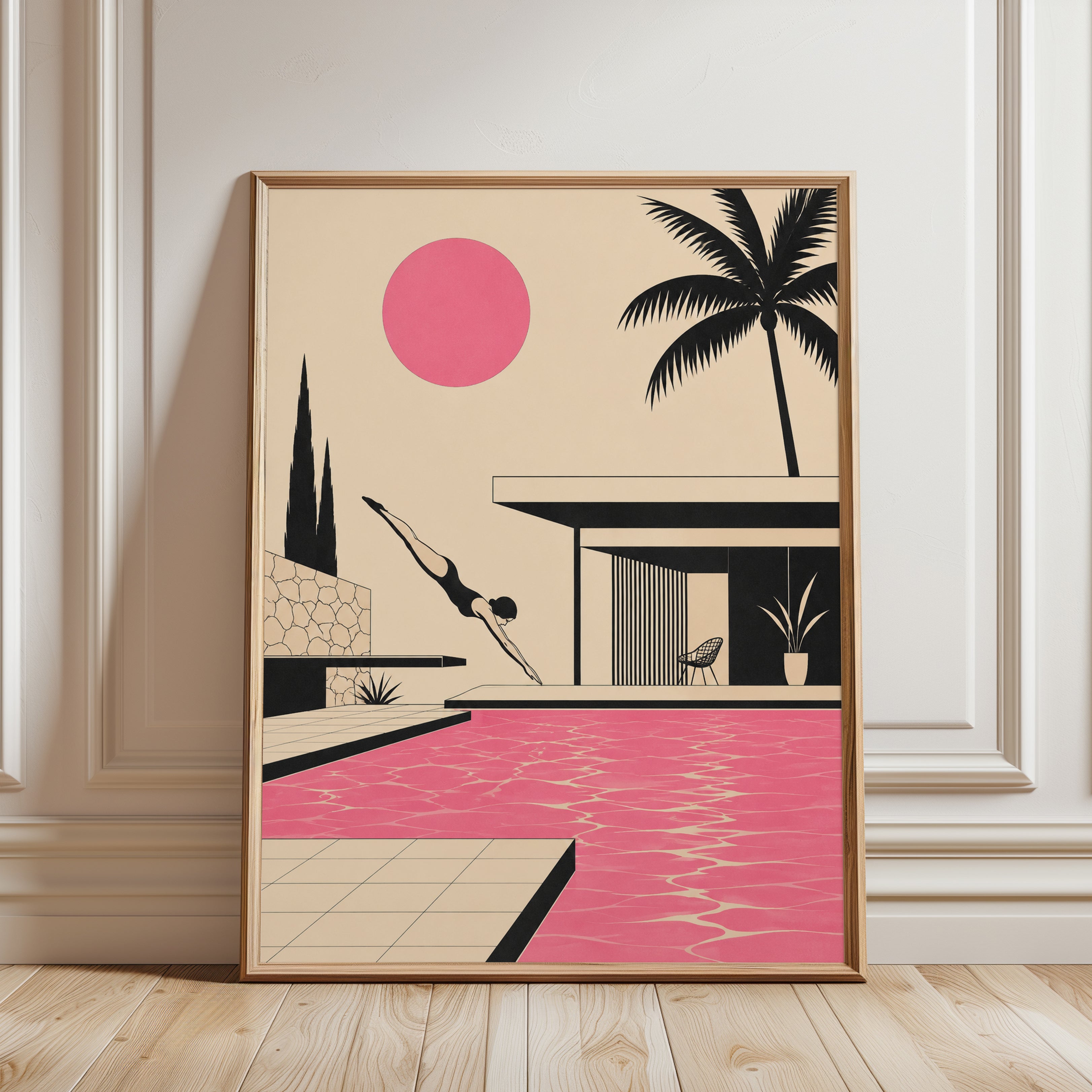 Mid-Century Modern Pool House Art Print: Pink Palm Tree Retro Scene - framed detail