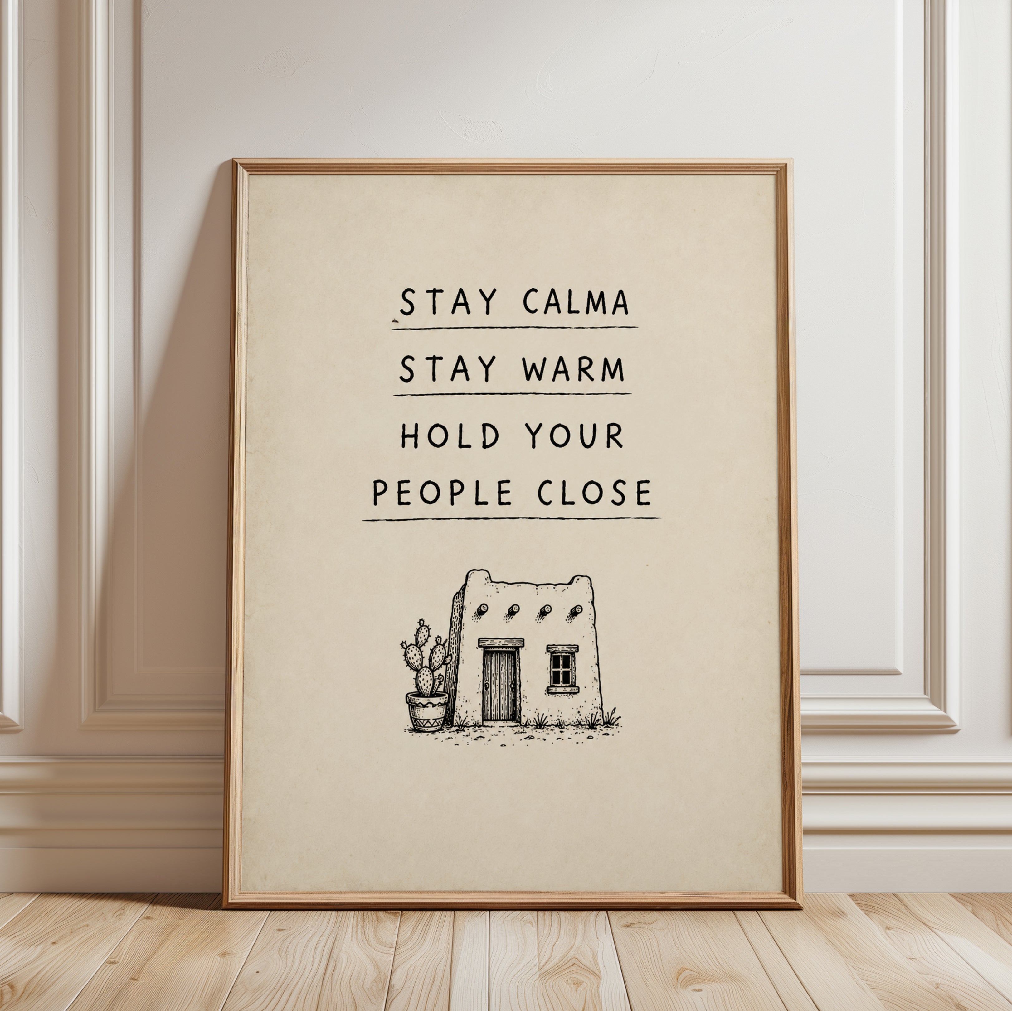 Stay Calma Adobe House Print: Minimalist Desert Inspirational Art - framed detail