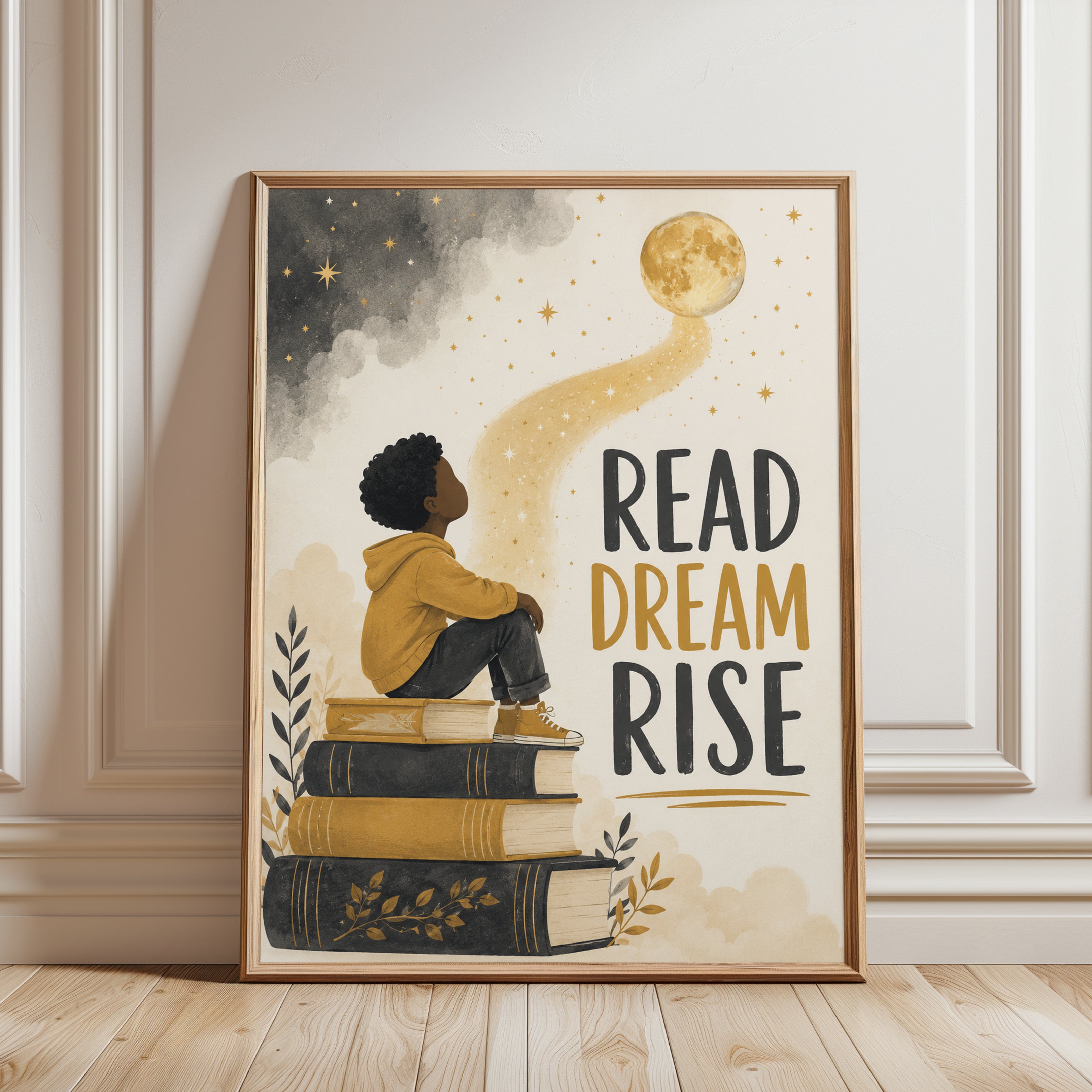 Read Dream Rise Wall Art: Inspirational Book and Moon Print - framed detail