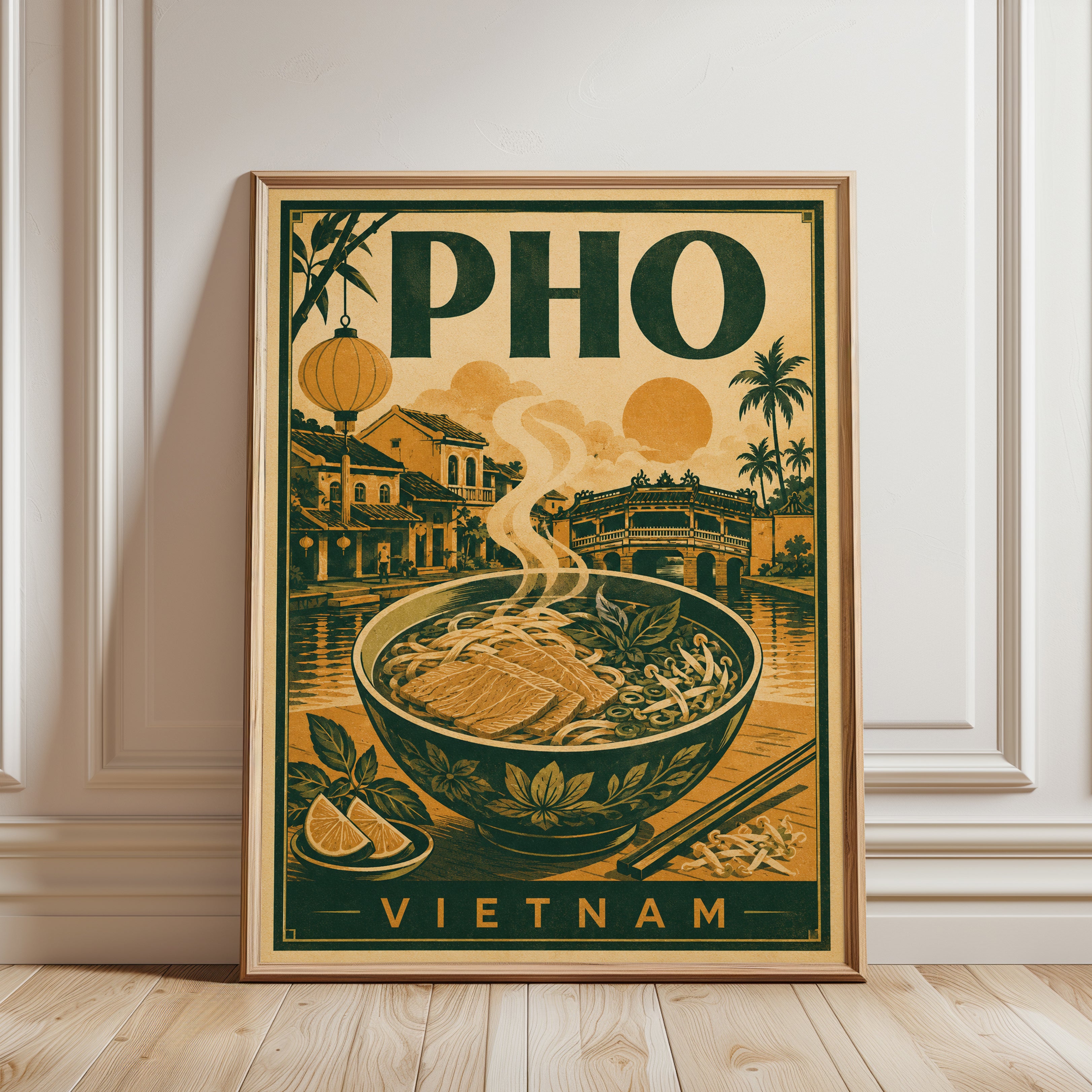 Pho Poster: Vintage Vietnamese Travel Art (Kitchen & Dining Room) - framed detail