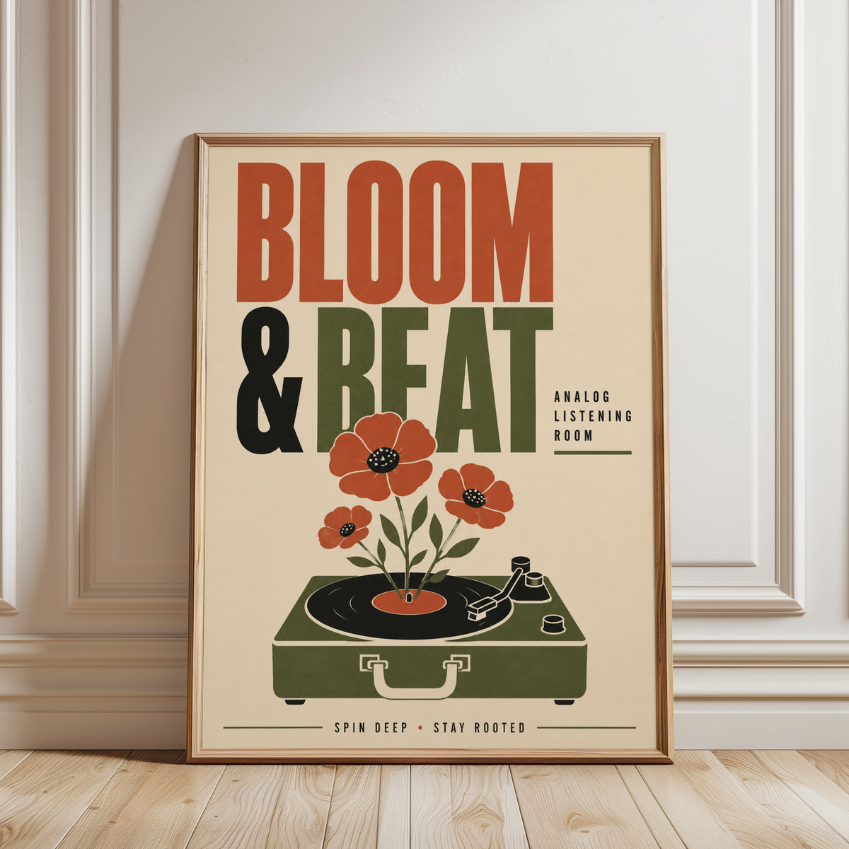 Bloom and Beat Art Print: Retro Turntable with Poppies Poster - framed detail
