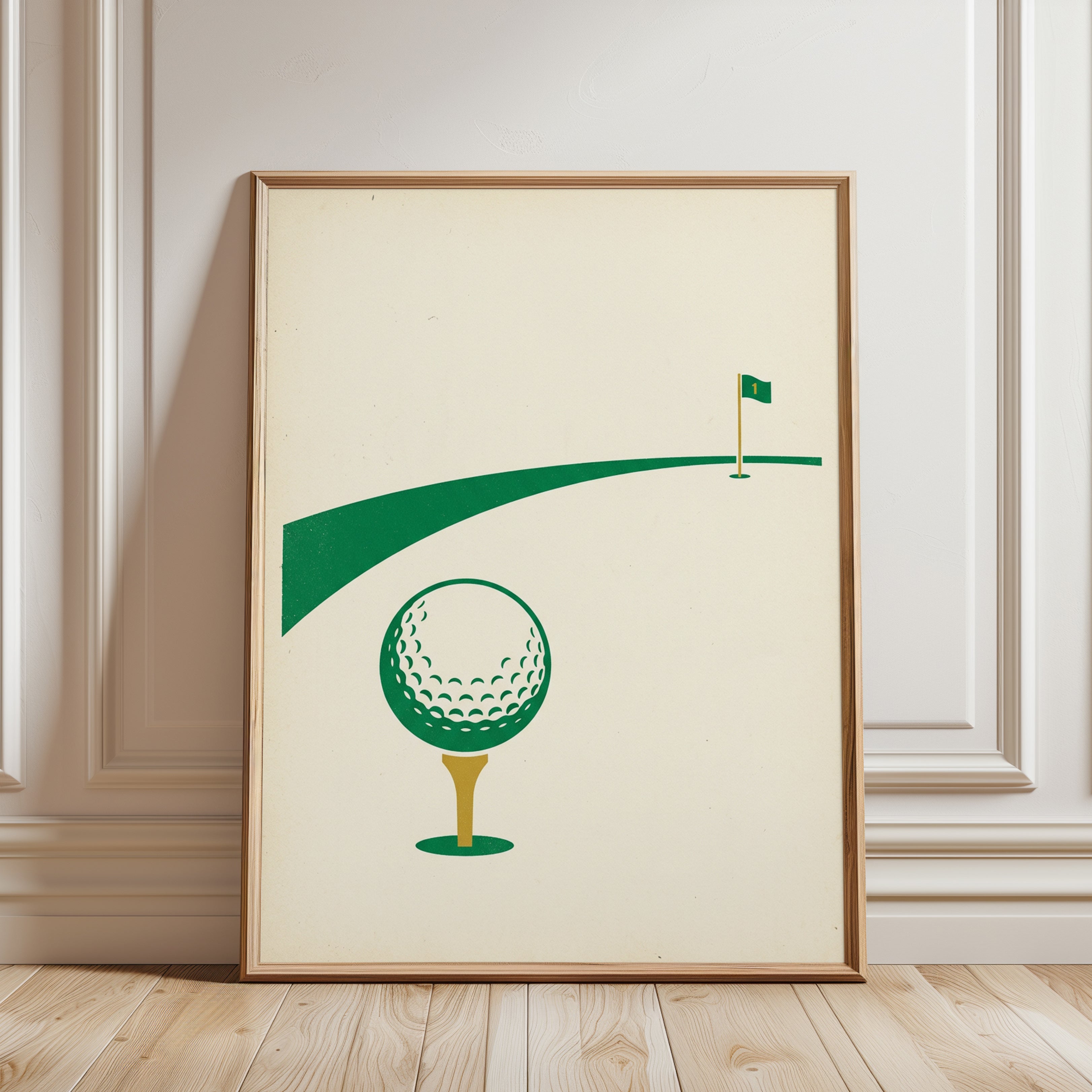 Golf Course Minimalist Poster: Green and Cream Vintage Design - framed detail