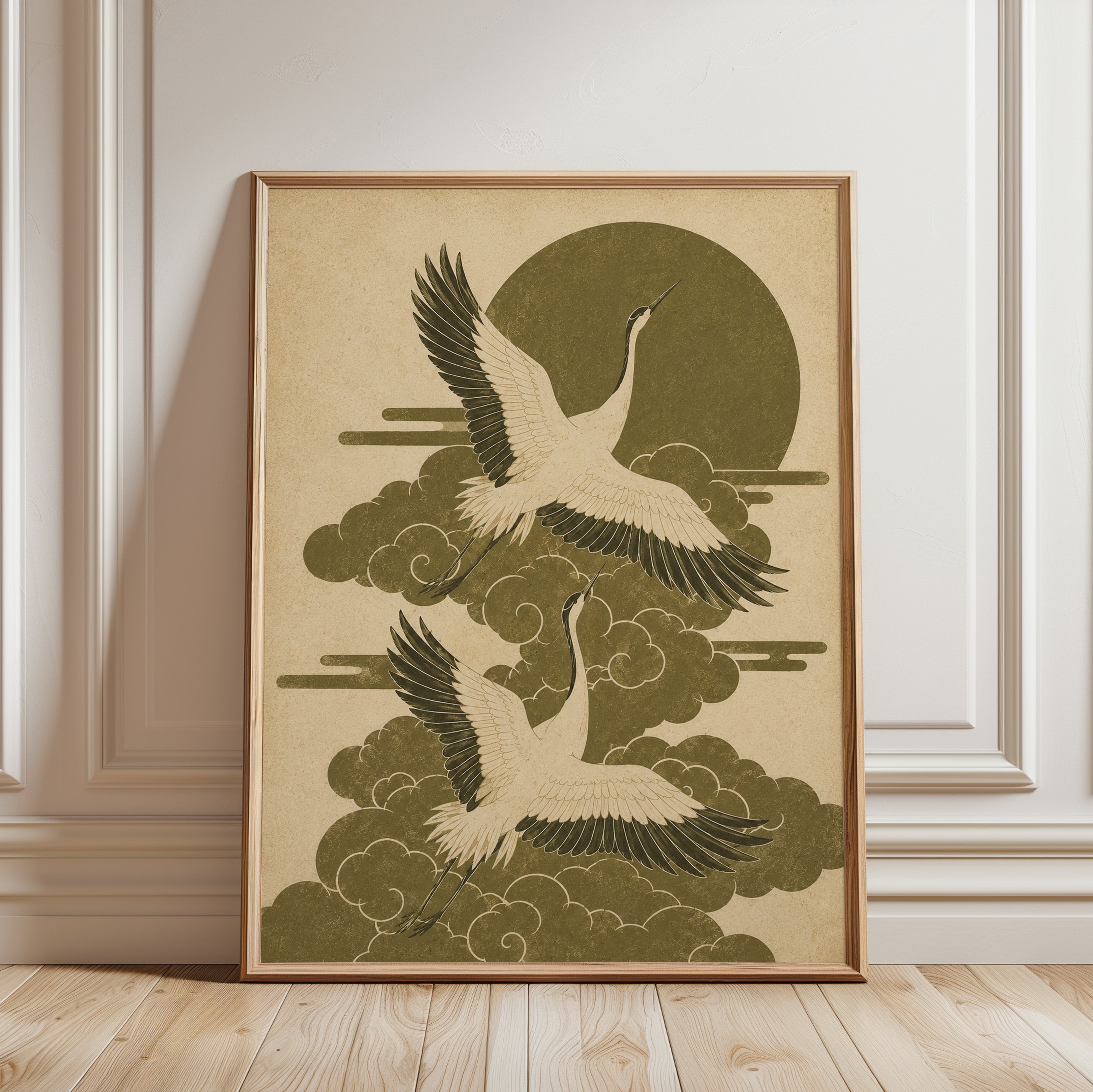 Vintage Japanese Crane Wall Art - framed detail