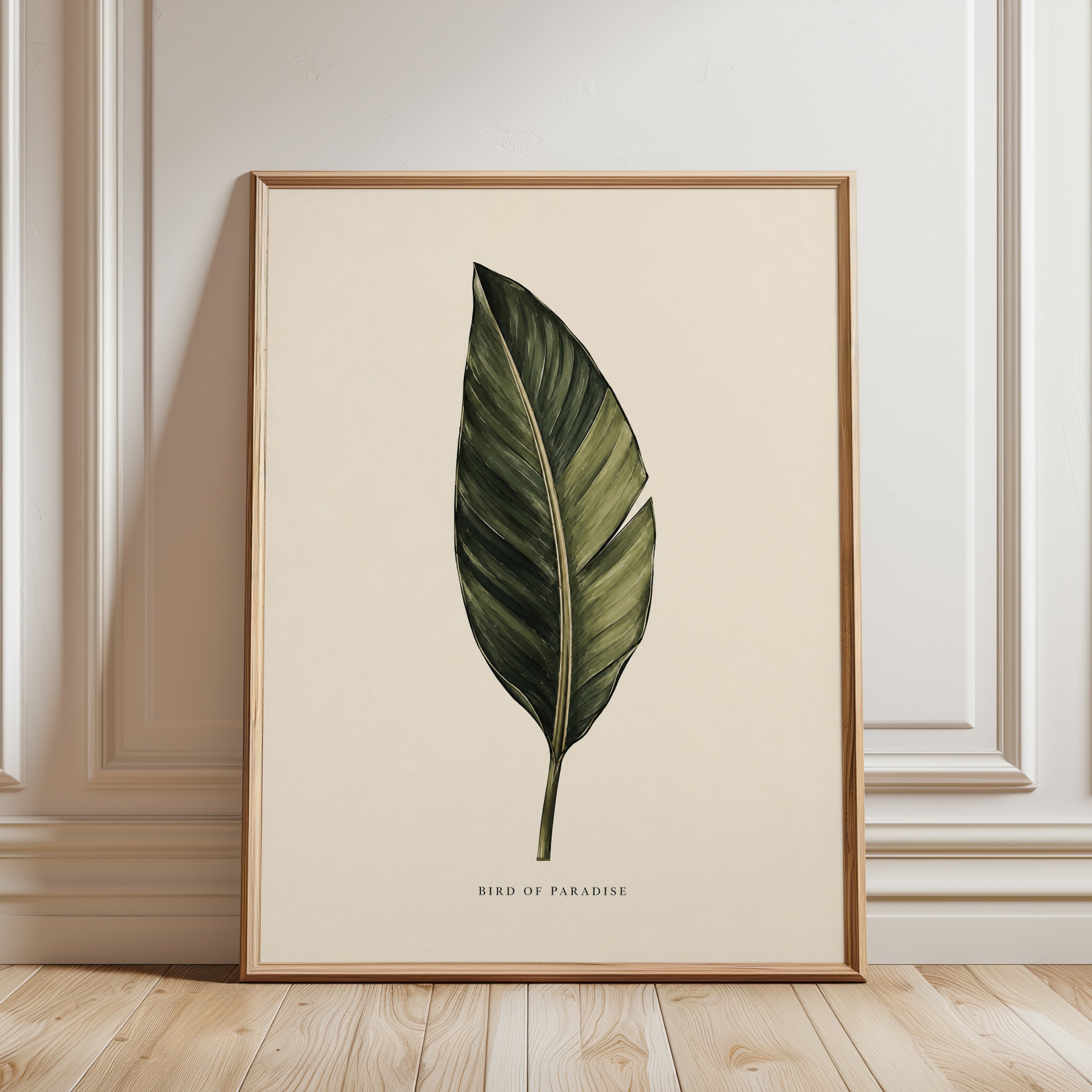 Bird of Paradise Leaf Print: Botanical Green Wall Art - framed detail