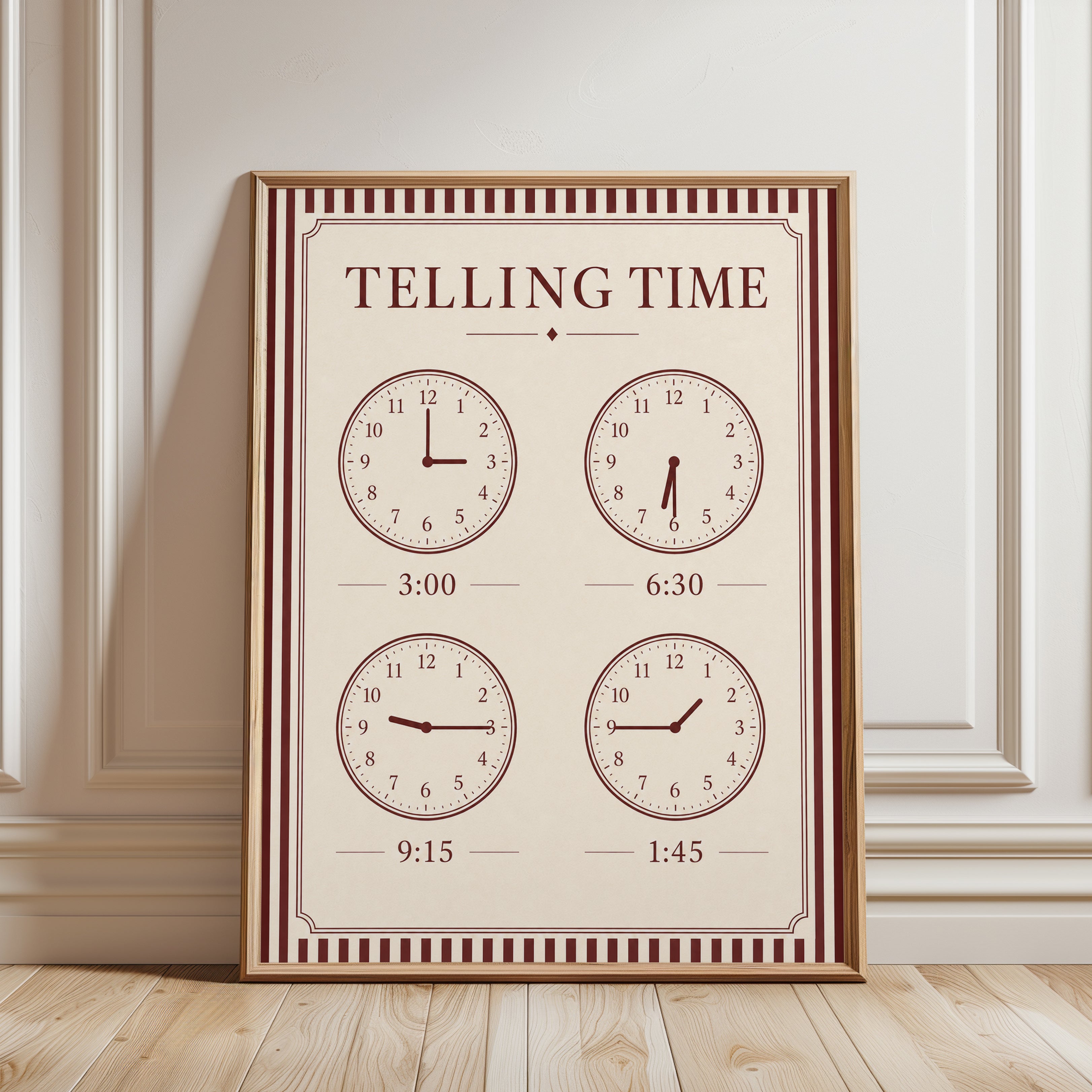 Telling Time Poster – Educational Clock Print - framed detail