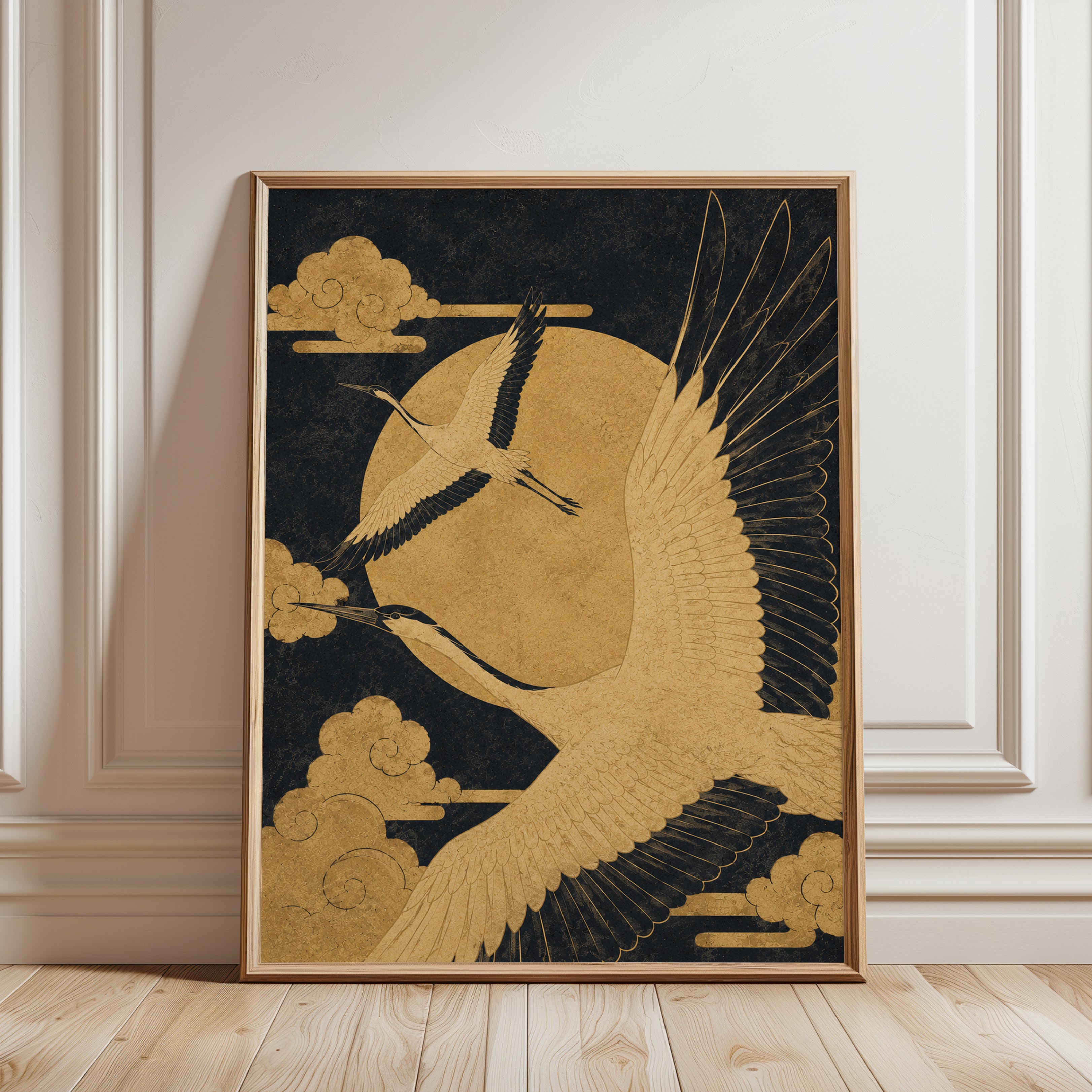 Crane Wall Art: Gold and Black Japanese Birds - framed detail