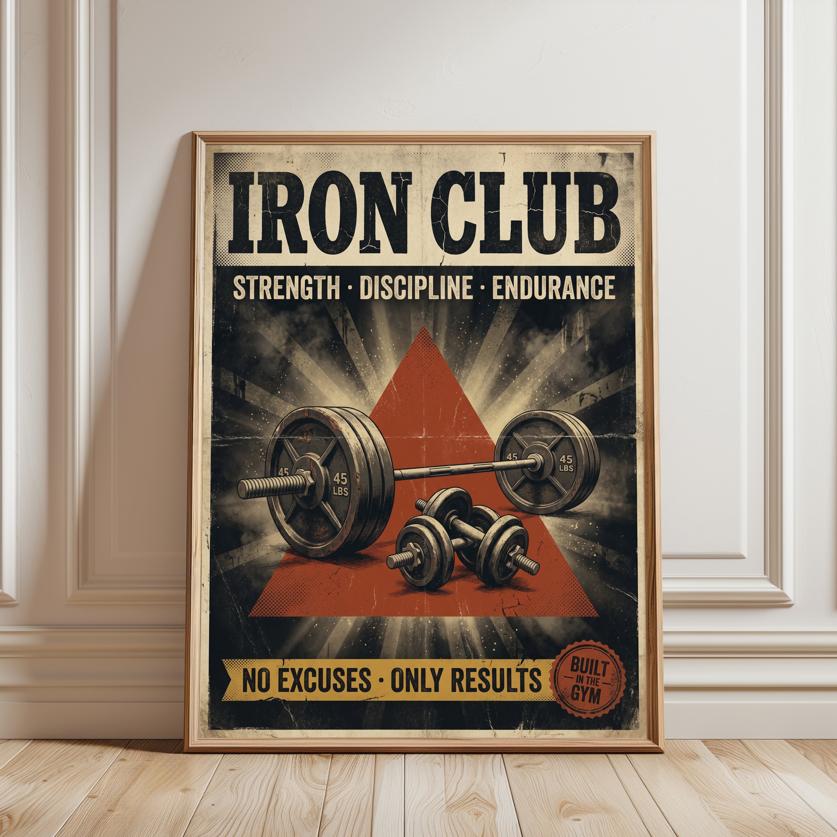 Iron Club Gym Poster: Vintage Fitness Motivation Wall Art - framed detail
