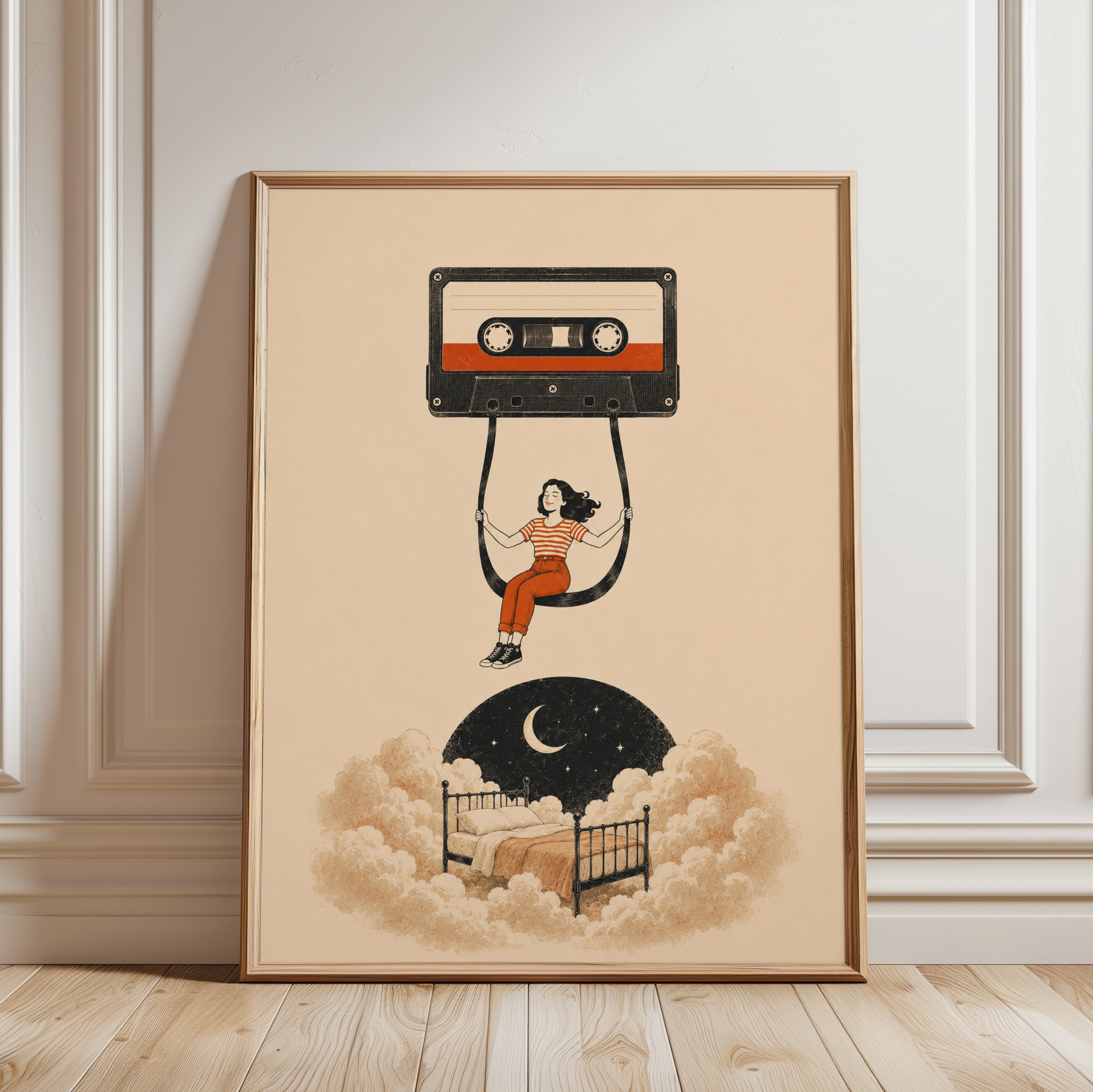 Retro Cassette Tape Dream Art Print: Surrealist Bedroom Clouds - framed detail