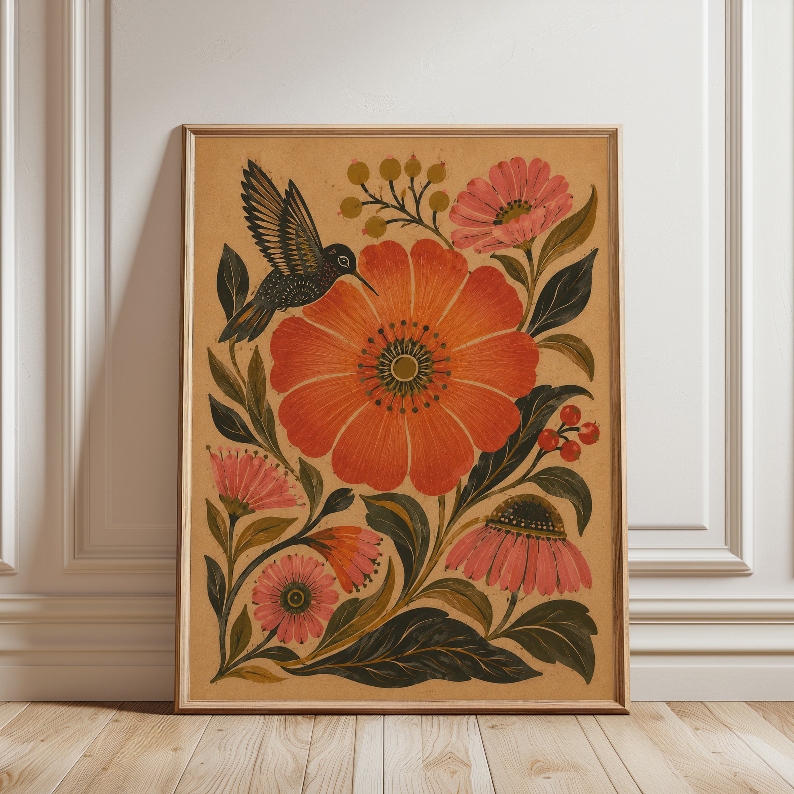 Vintage Hummingbird Floral Print — Folk Art Botanical Illustration - framed detail