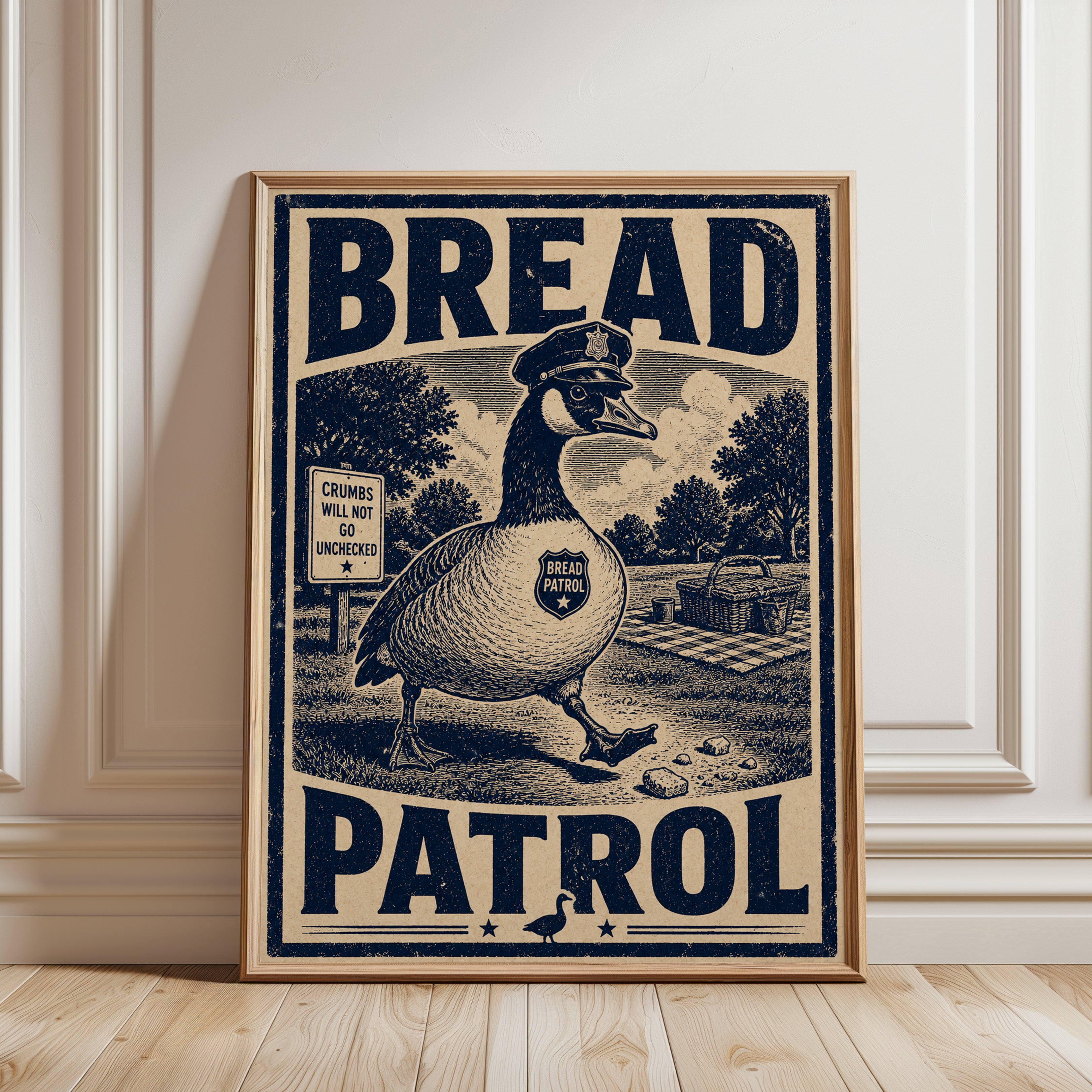 Bread Patrol Duck Poster: Vintage Woodcut Style Art Print - framed detail