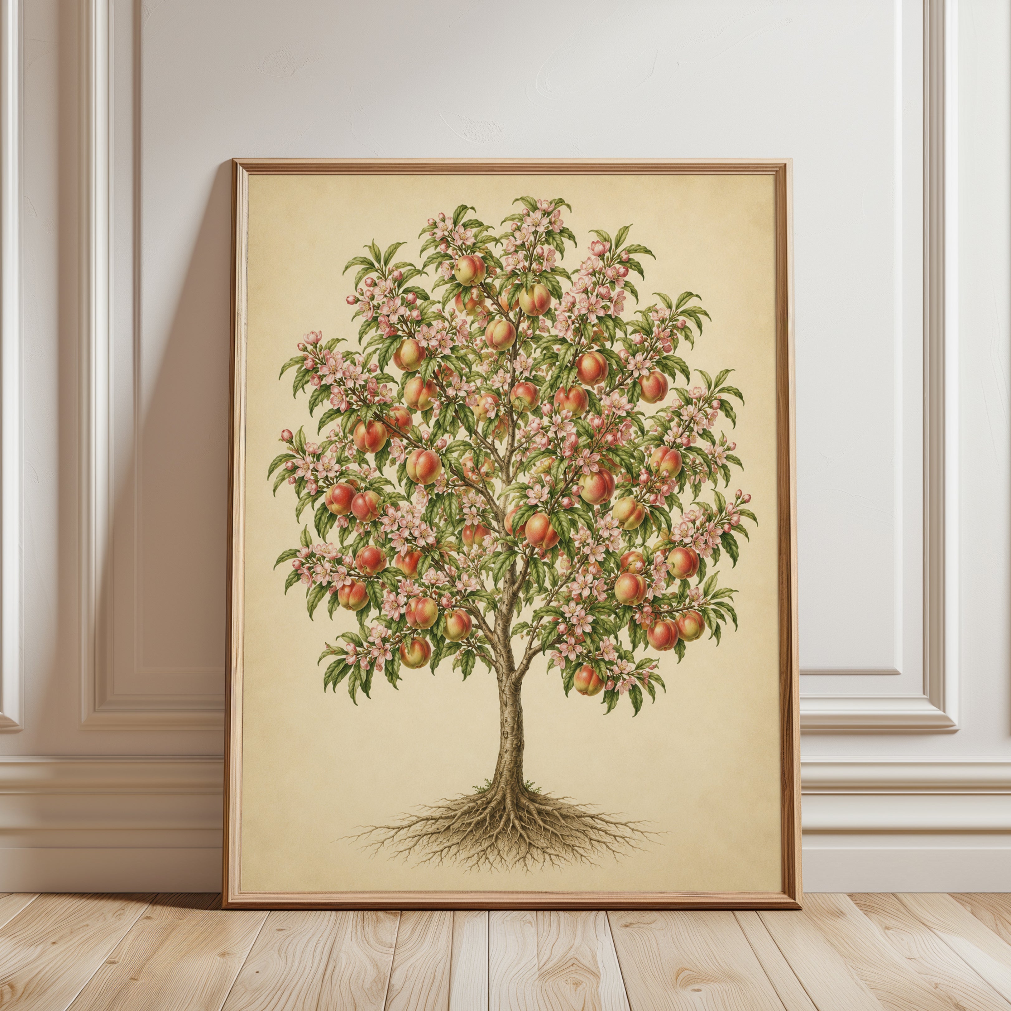 Peach Tree Botanical Print: Vintage Fruit Illustration Wall Art - framed detail