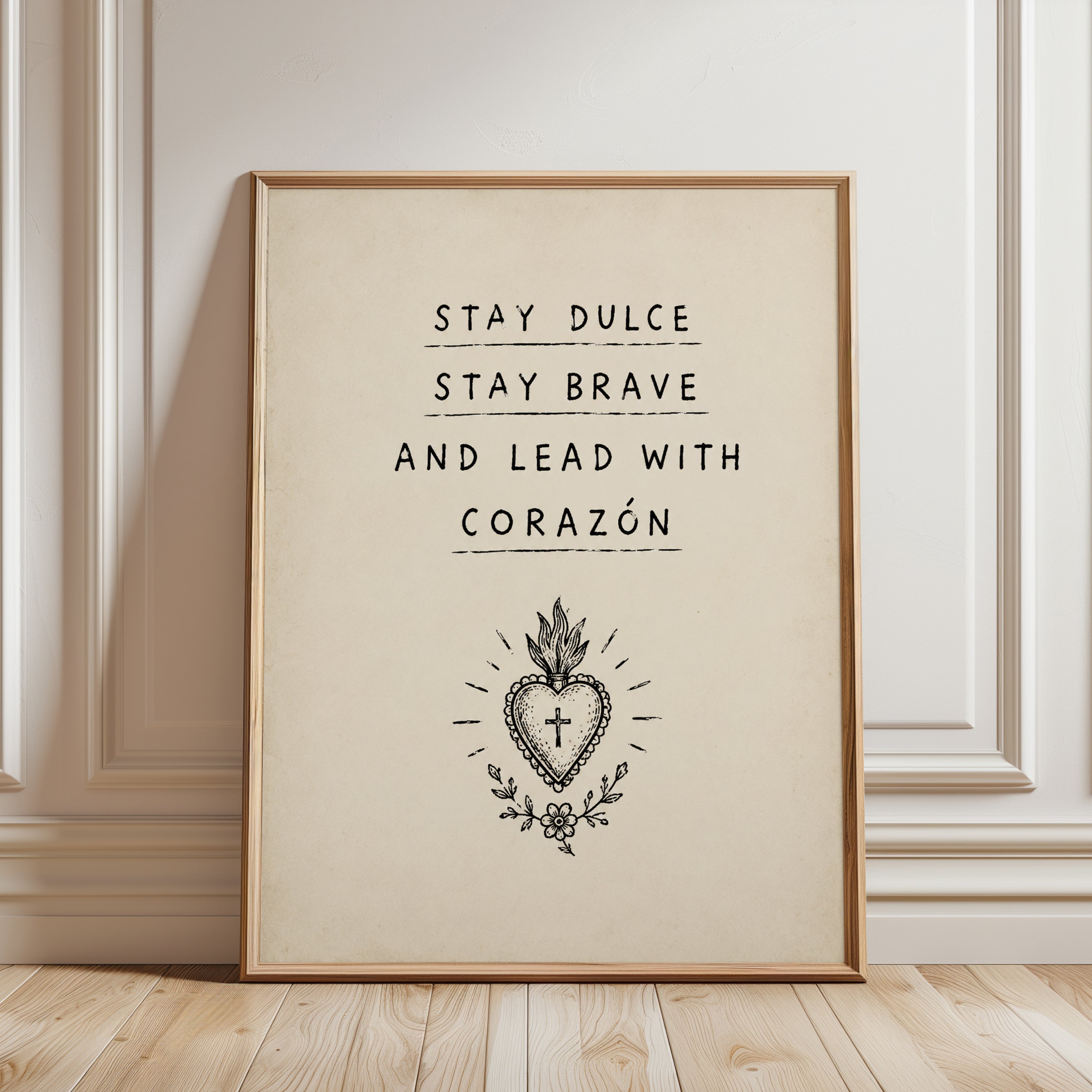 Sacred Heart Motivational Print: Spanish Faith Wall Art (Unframed) - framed detail