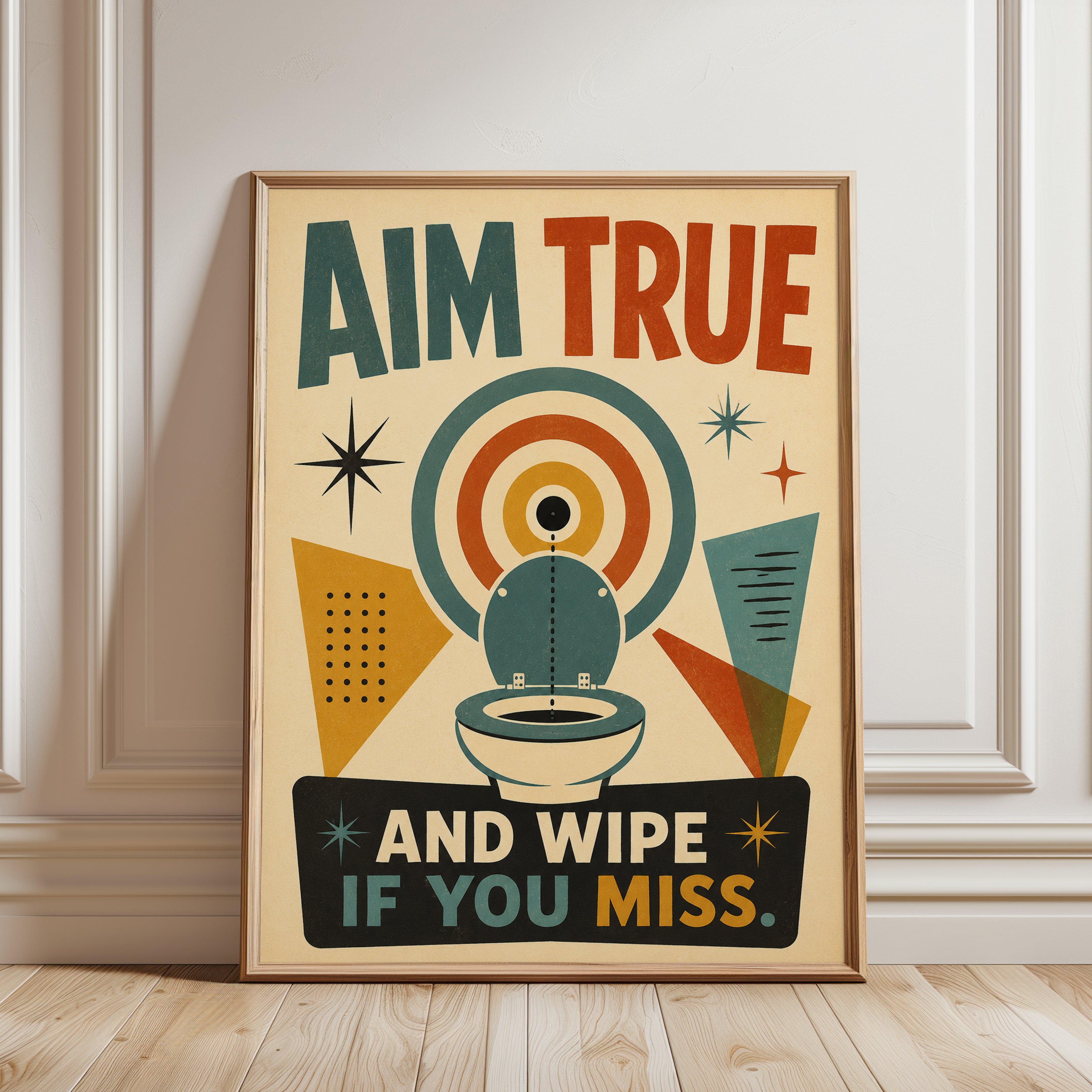 Aim True Bathroom Wall Art: Retro Mid-Century Modern Poster - framed detail
