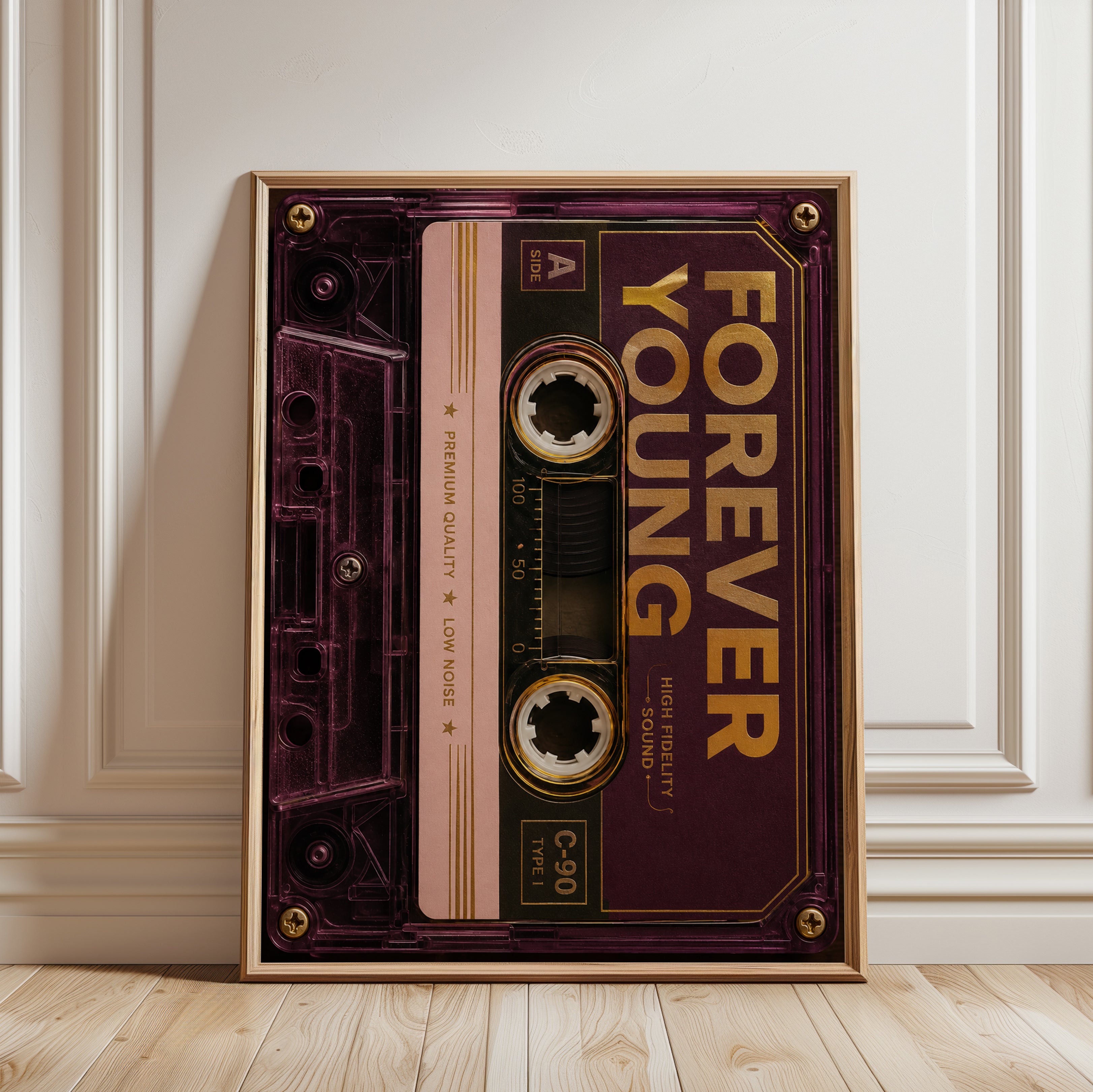 Vintage Cassette Tape Print: Retro 80s Music Art in Burgundy & Gold - framed detail