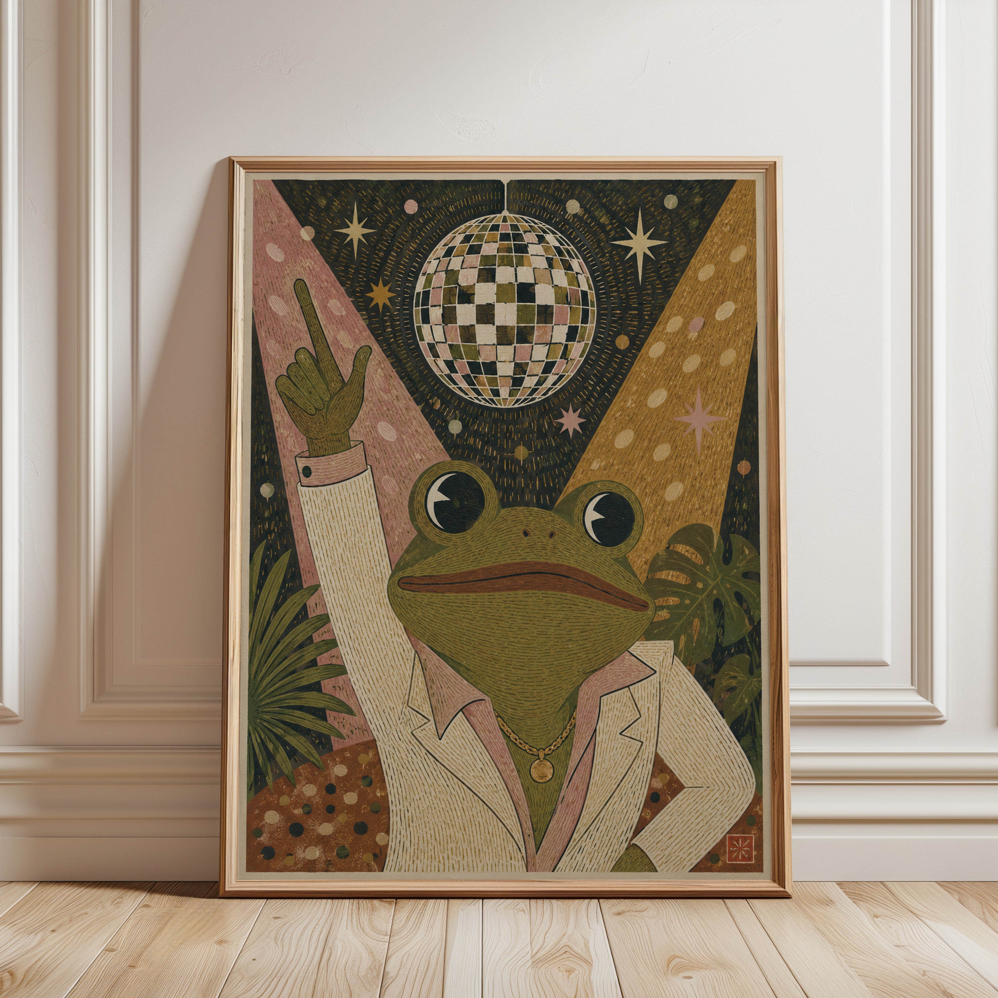 Disco Frog Wall Art – Retro 70s Animal Print - framed detail