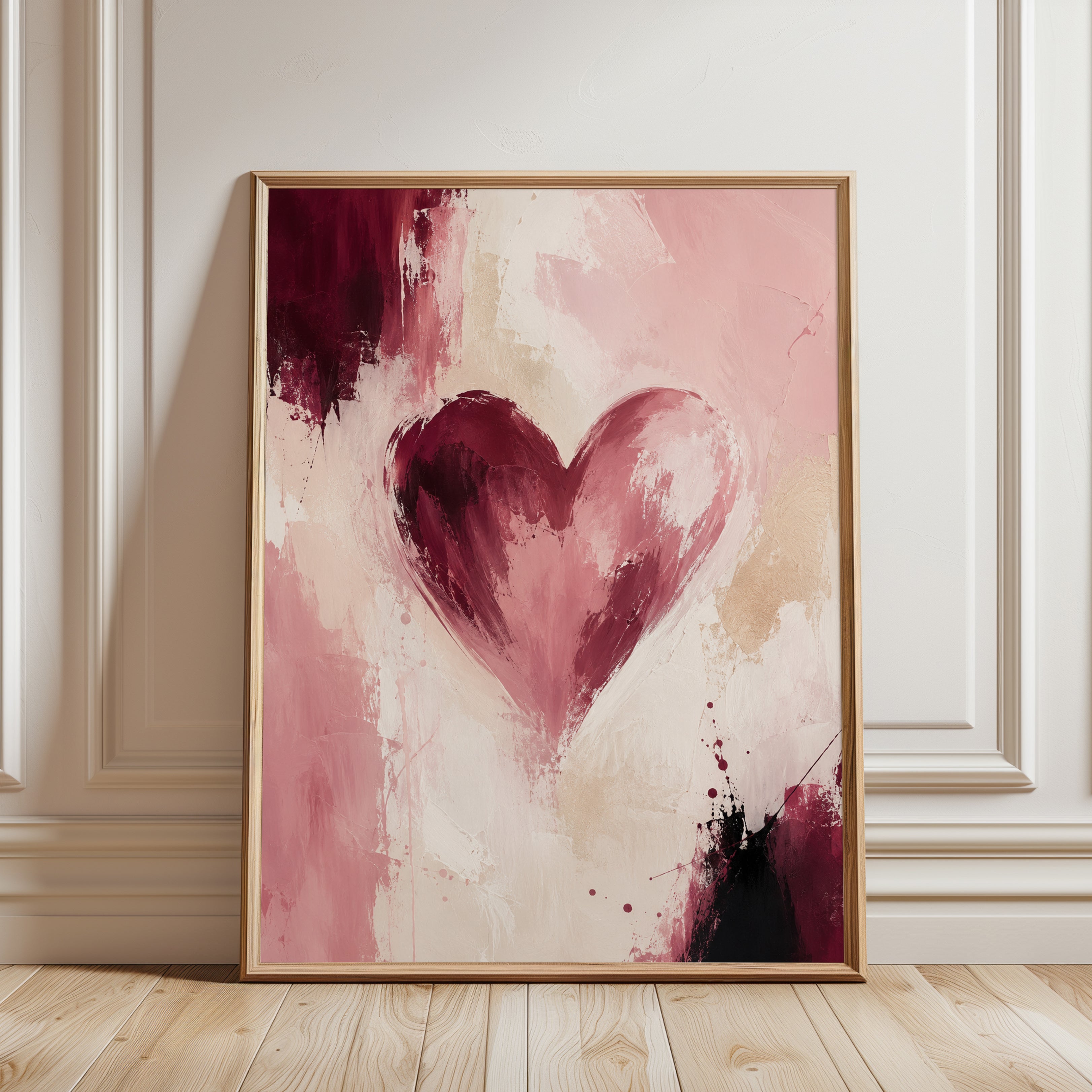 Abstract Heart Wall Art: Pink and Burgundy Brushstroke Painting - framed detail