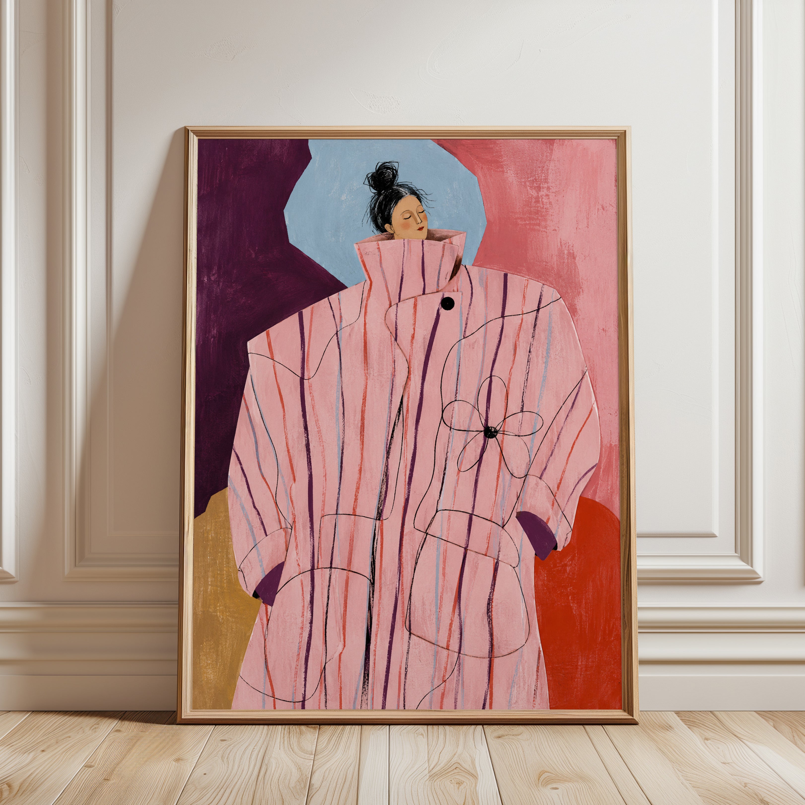 Fashion Illustration Print – Pink Coat Wall Art - framed detail