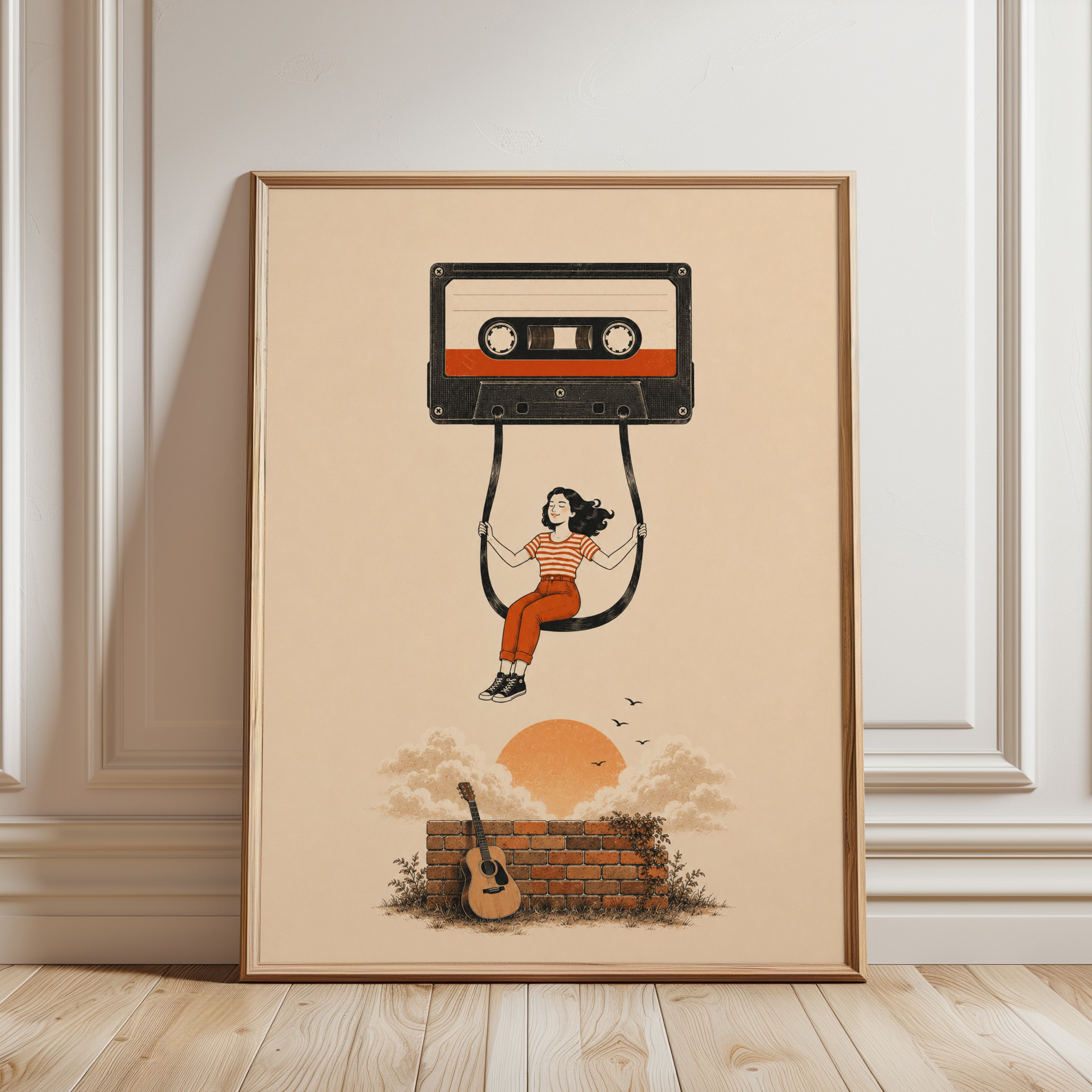 Vintage Cassette Tape Swing Art Print: Retro Music Illustration - framed detail