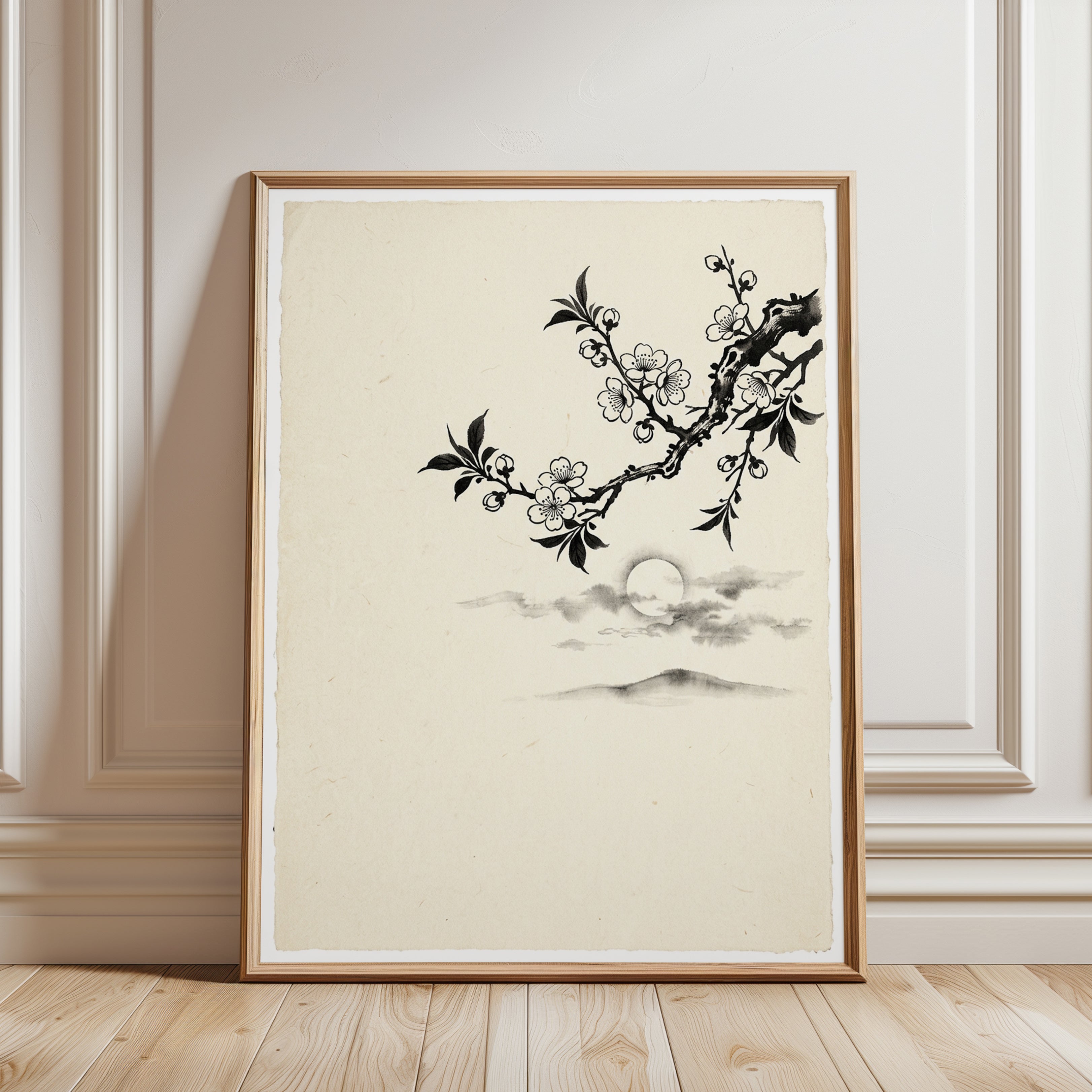 Cherry Blossom Branch Art Print: Traditional Japanese Ink Painting - framed detail