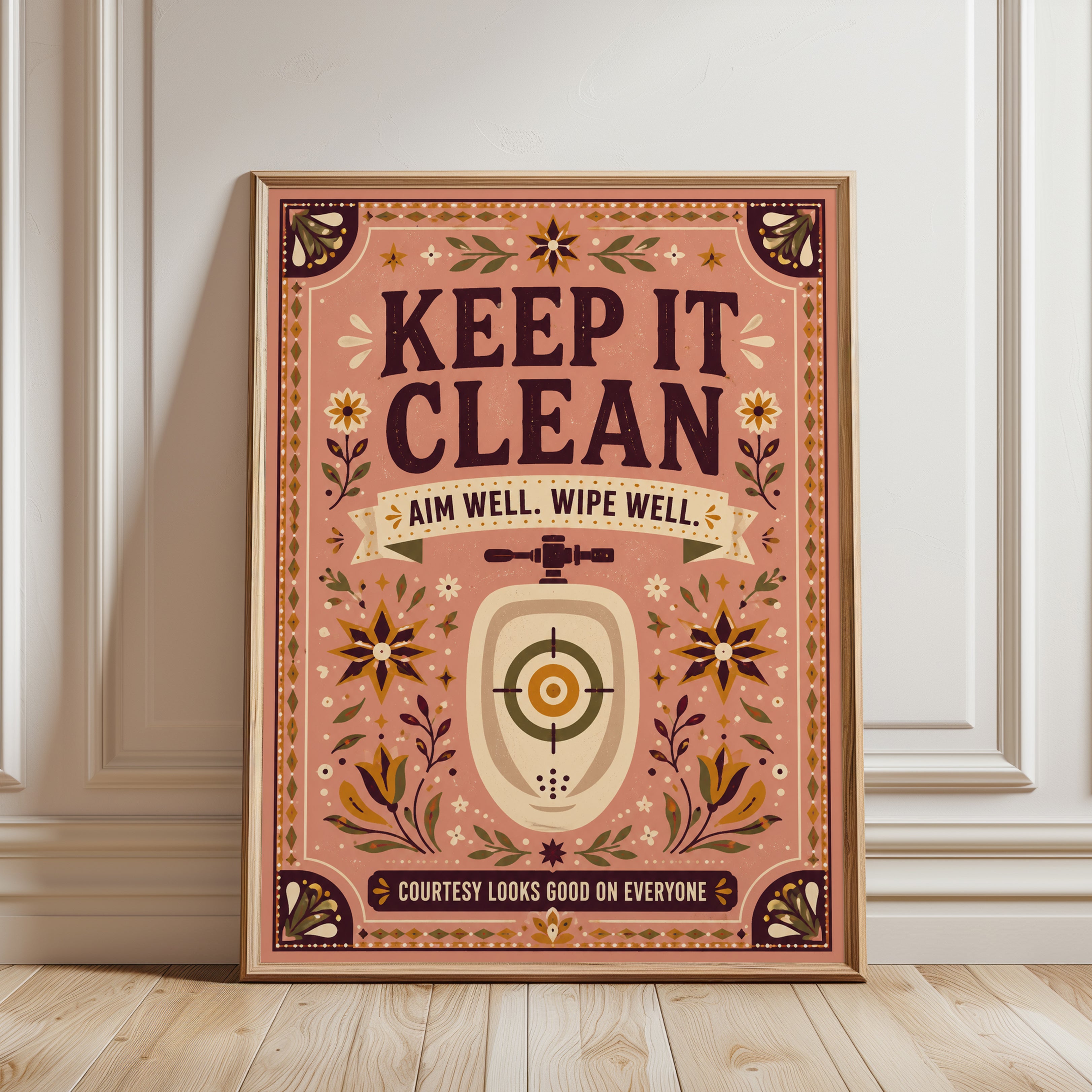 Folk Art Bathroom Print – Keep It Clean Sign - framed detail