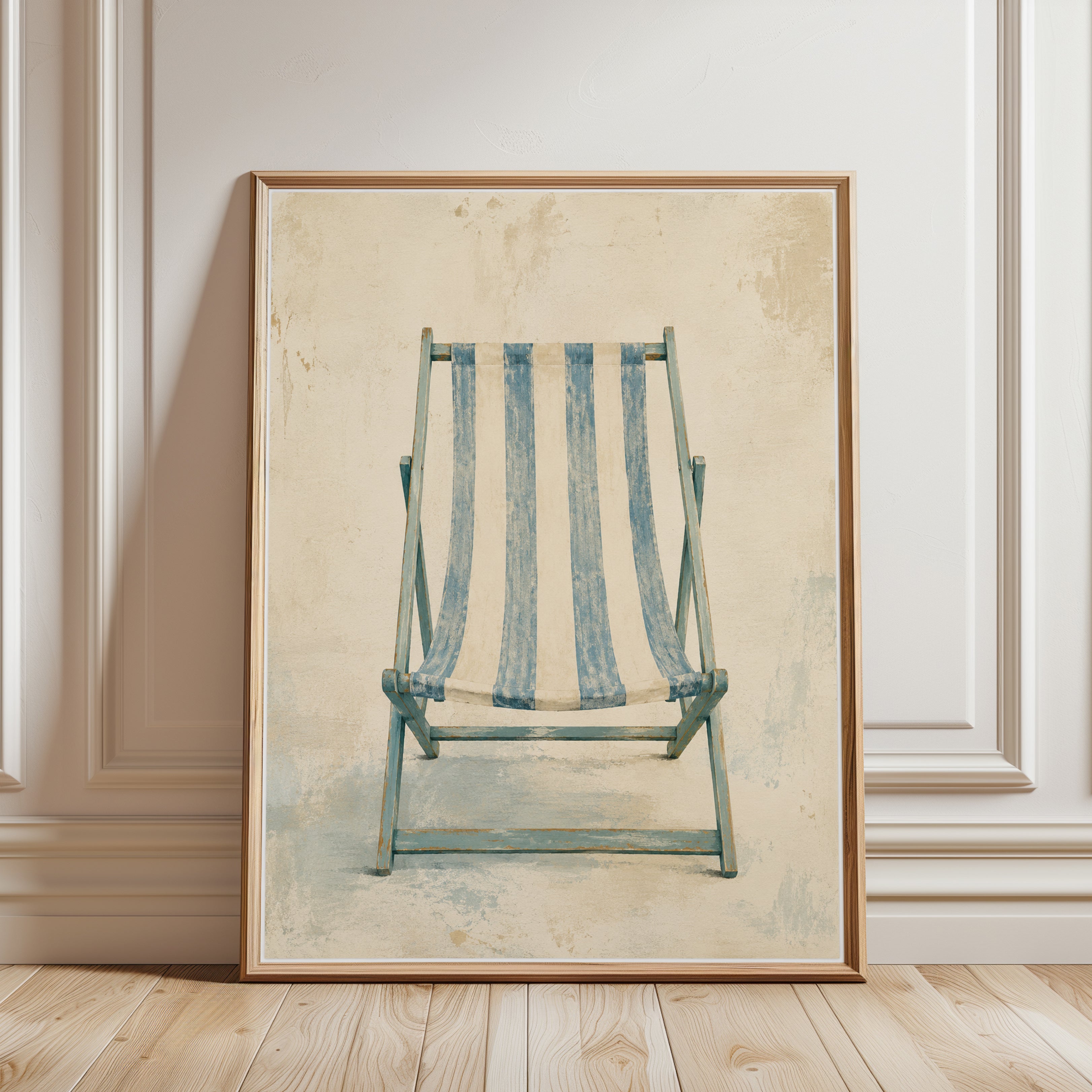 Vintage Beach Chair Art Print: Blue Striped Coastal Decor - framed detail