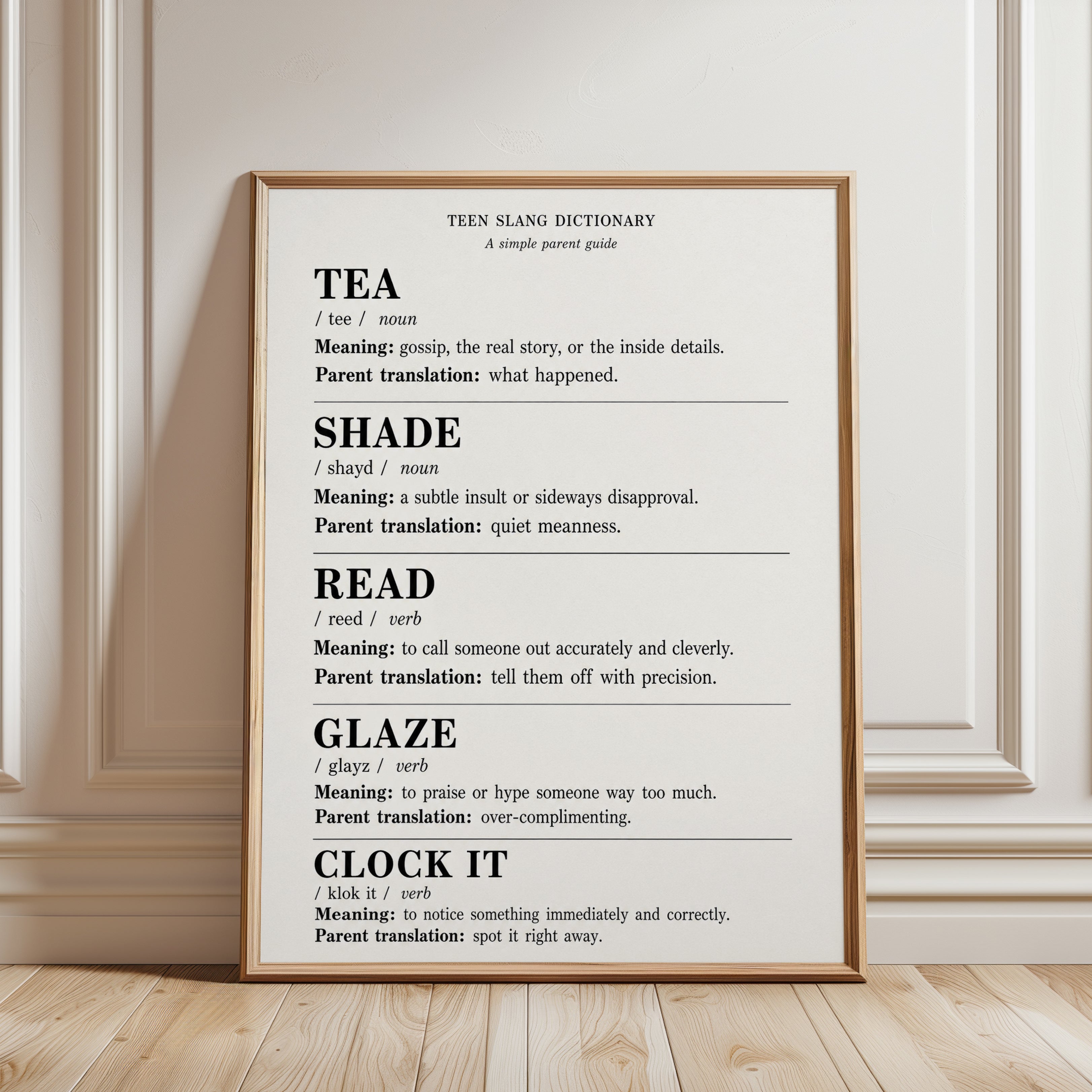 Teen Slang Dictionary Wall Art - framed detail